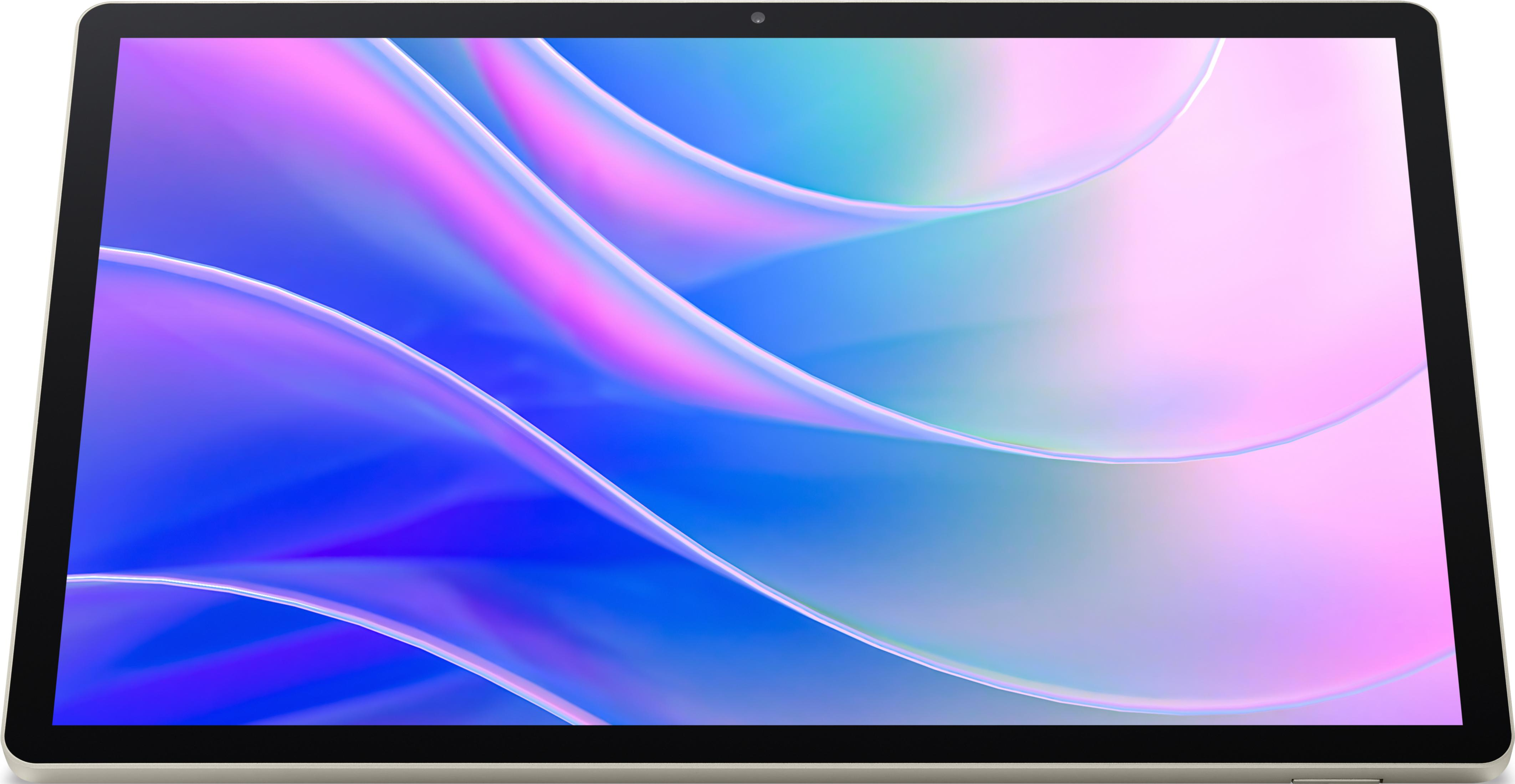 Un tablet con uno sfondo astratto e fluido nei toni del blu e del viola.