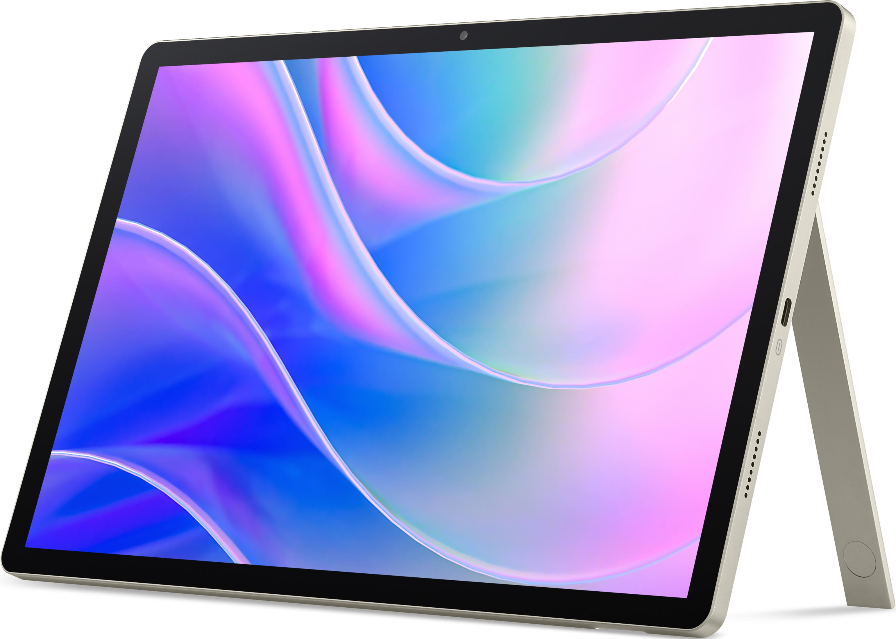 Un tablet con supporto e uno sfondo astratto e colorato.