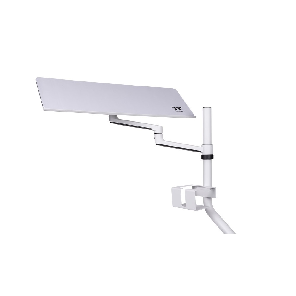 A white laptop stand with an adjustable arm and clamp, isolated on a white background.