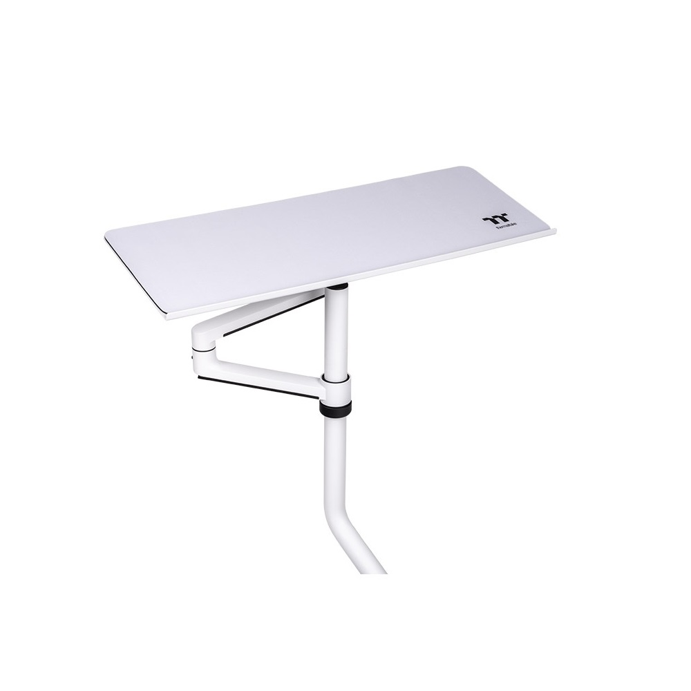 A white portable desk with an adjustable arm and a white base.