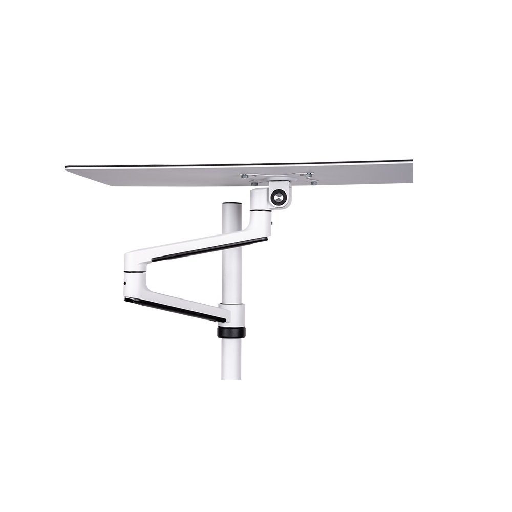 A white monitor arm with adjustable joints beneath a tabletop.
