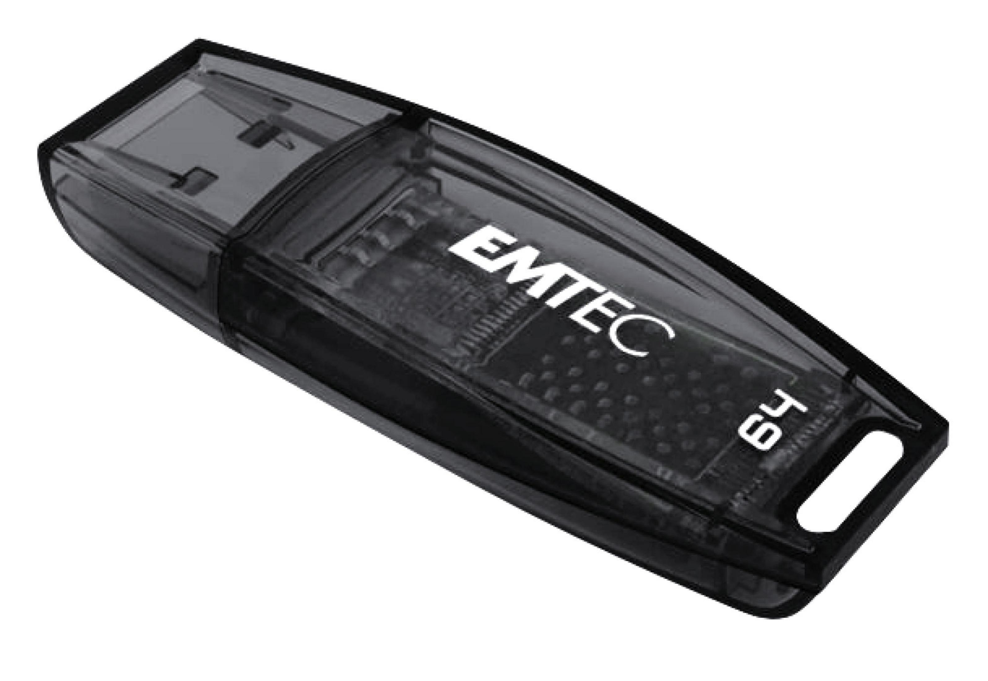 Un'unità USB nera trasparente con logo EMTEC e numero 64.