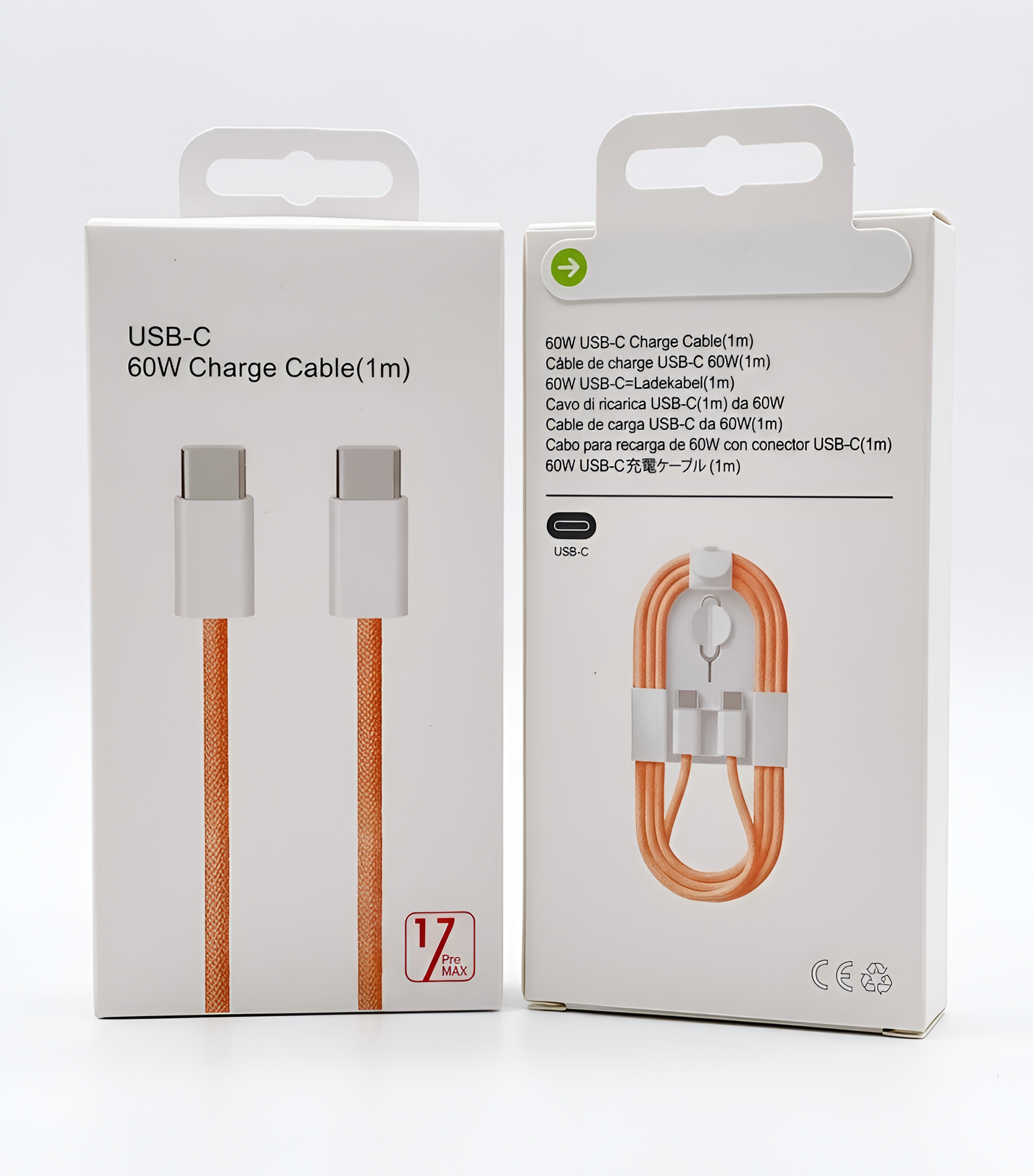 Zwei weiße Boxen zeigen ein orangefarbenes USB-C-Ladekabel mit silbernen Anschlüssen.