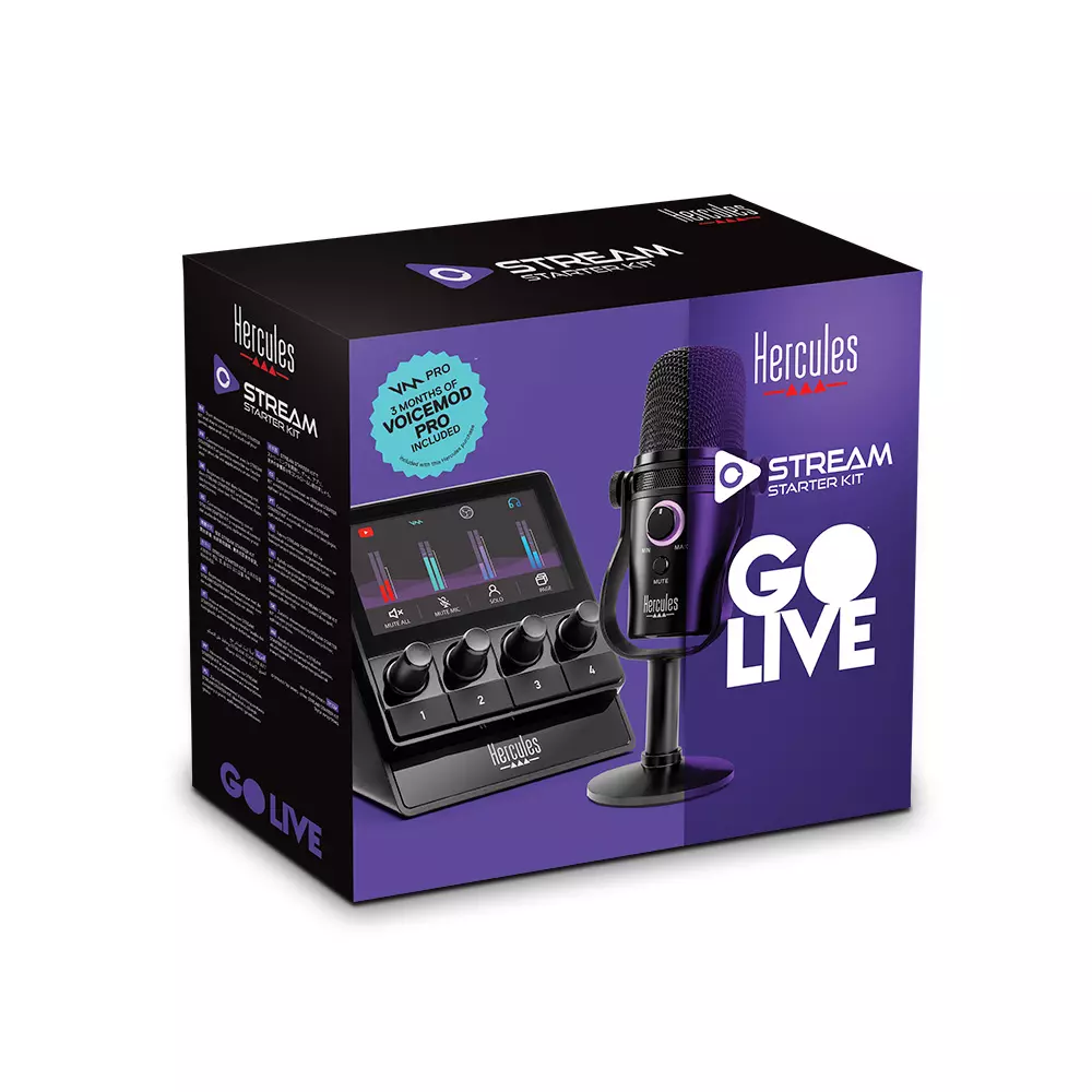 Purple box with a microphone and a mixer. Hercules Stream Starter Kit.