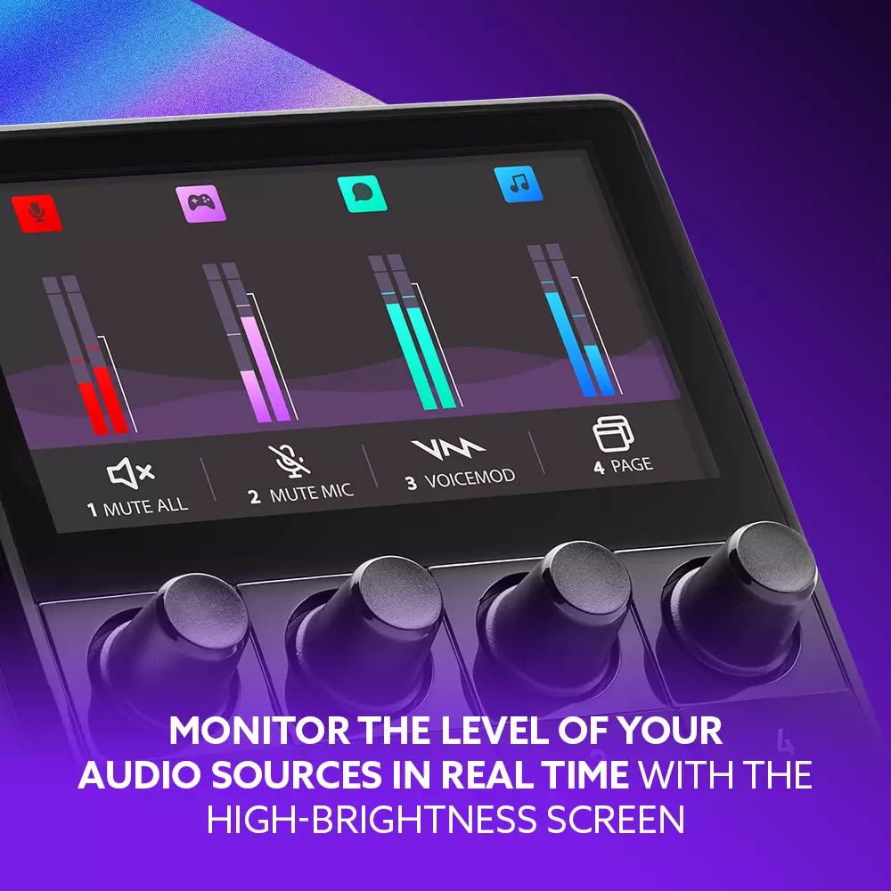 An audio controller with a screen showing level meters.