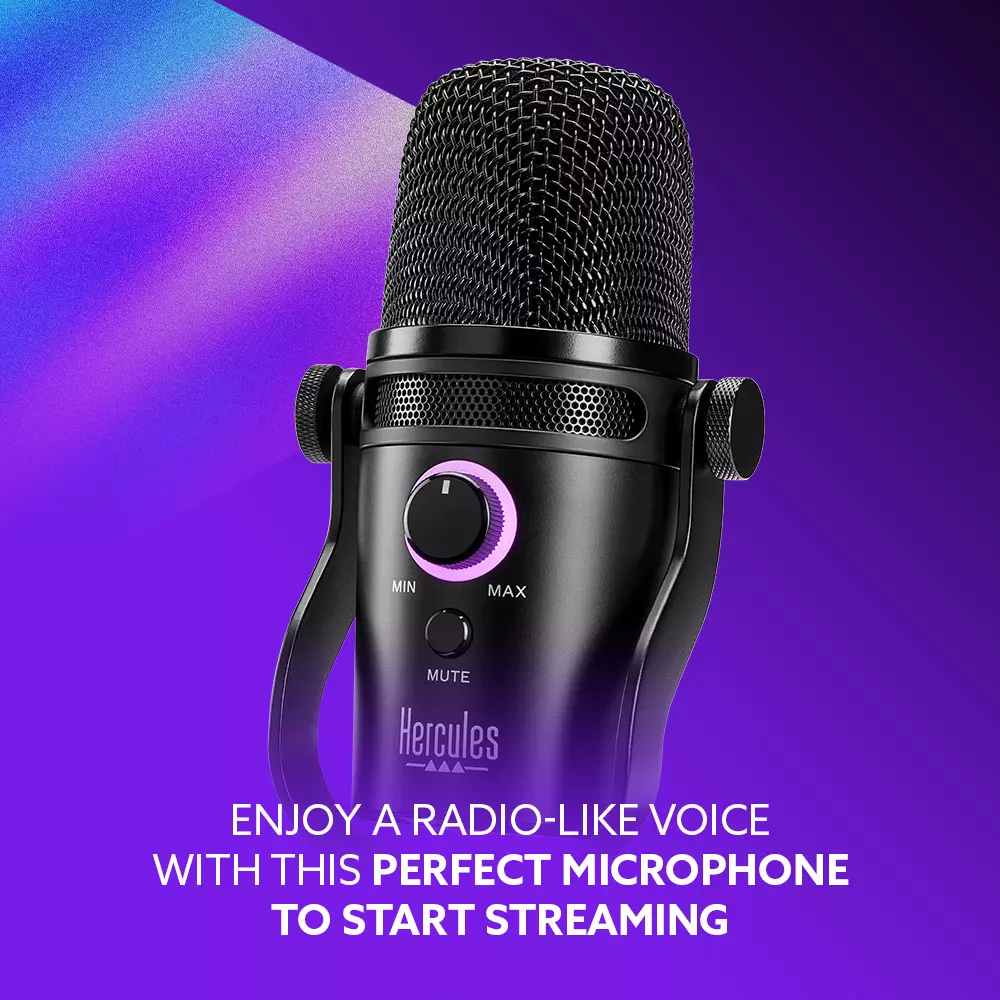 A black microphone with a dial and 'Hercules' logo on a purple background.