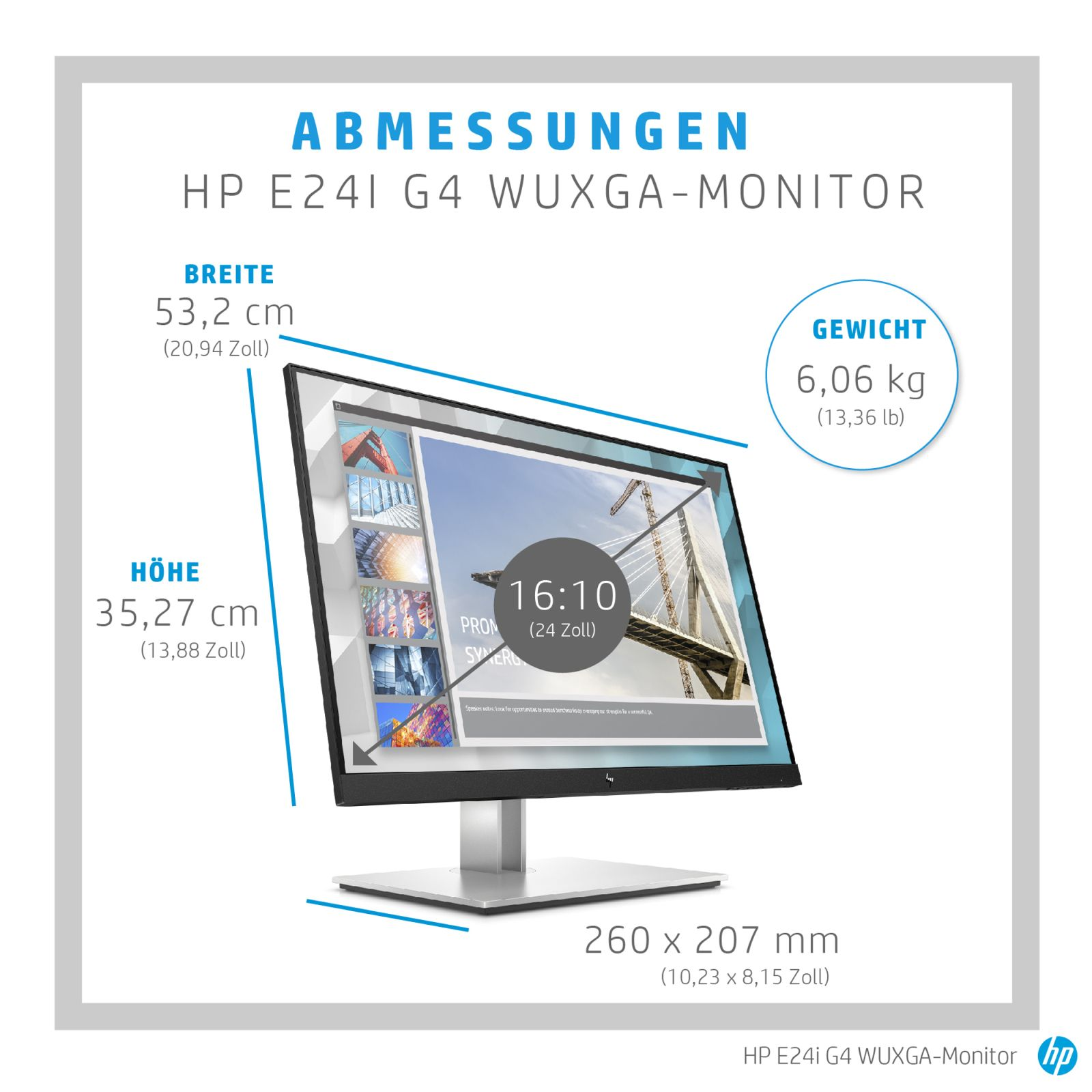 Dimensiones monitor HP E241 G4: 53,2cm ancho, 35,27cm alto, 6,06kg peso.