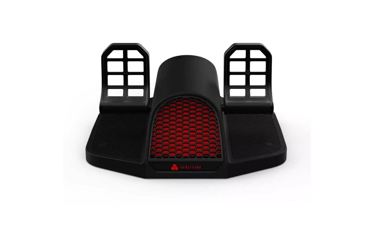 Black flight simulator pedals with red honeycomb and grid details.