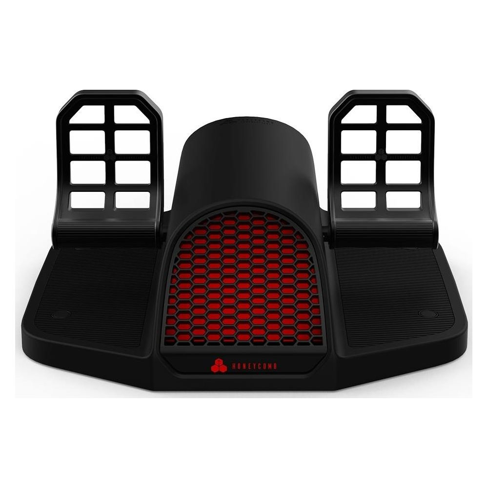 Black flight simulator pedals with red honeycomb accents and grid structure on top.