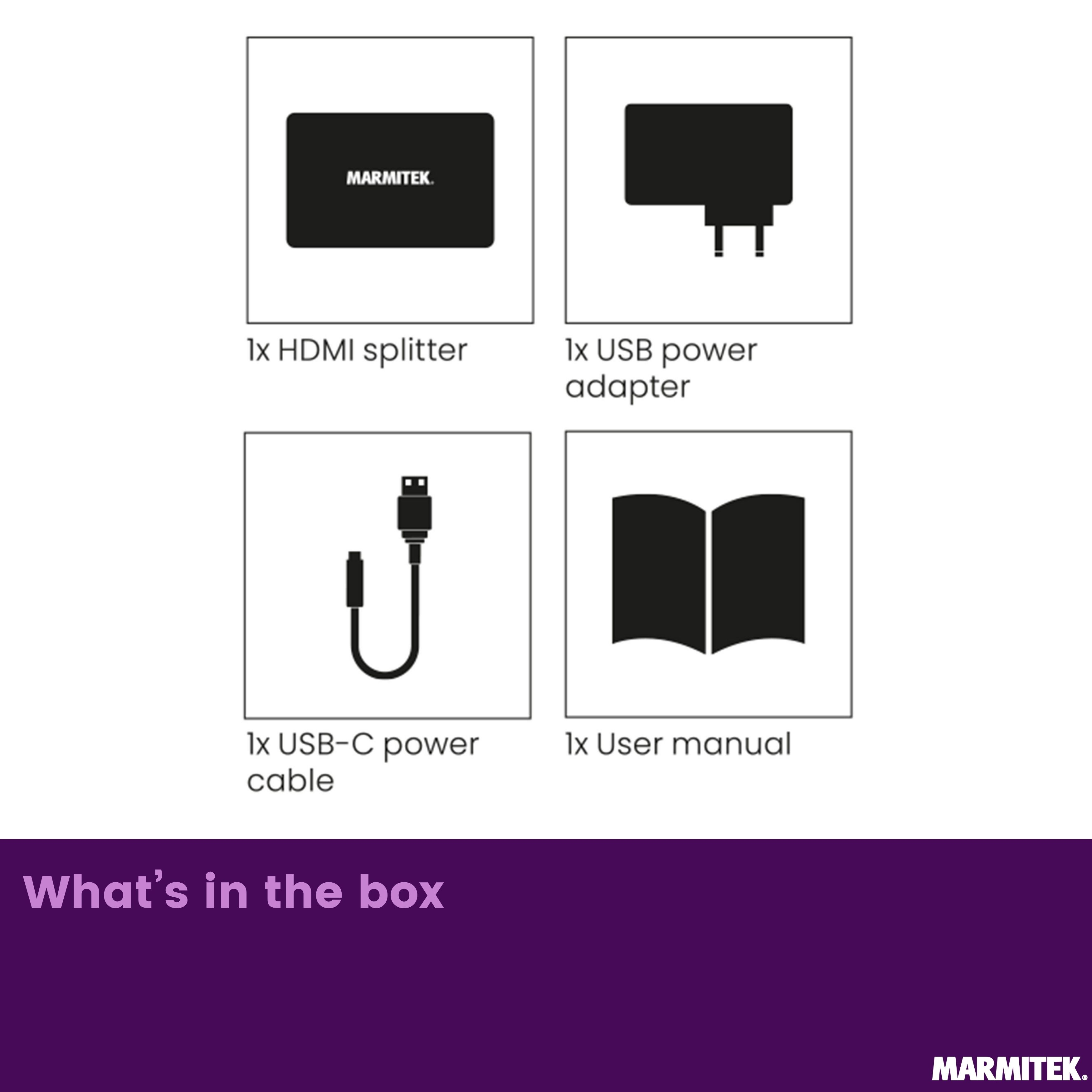 Contenu de la boîte : répartiteur HDMI, adaptateur secteur USB, câble USB-C, manuel.