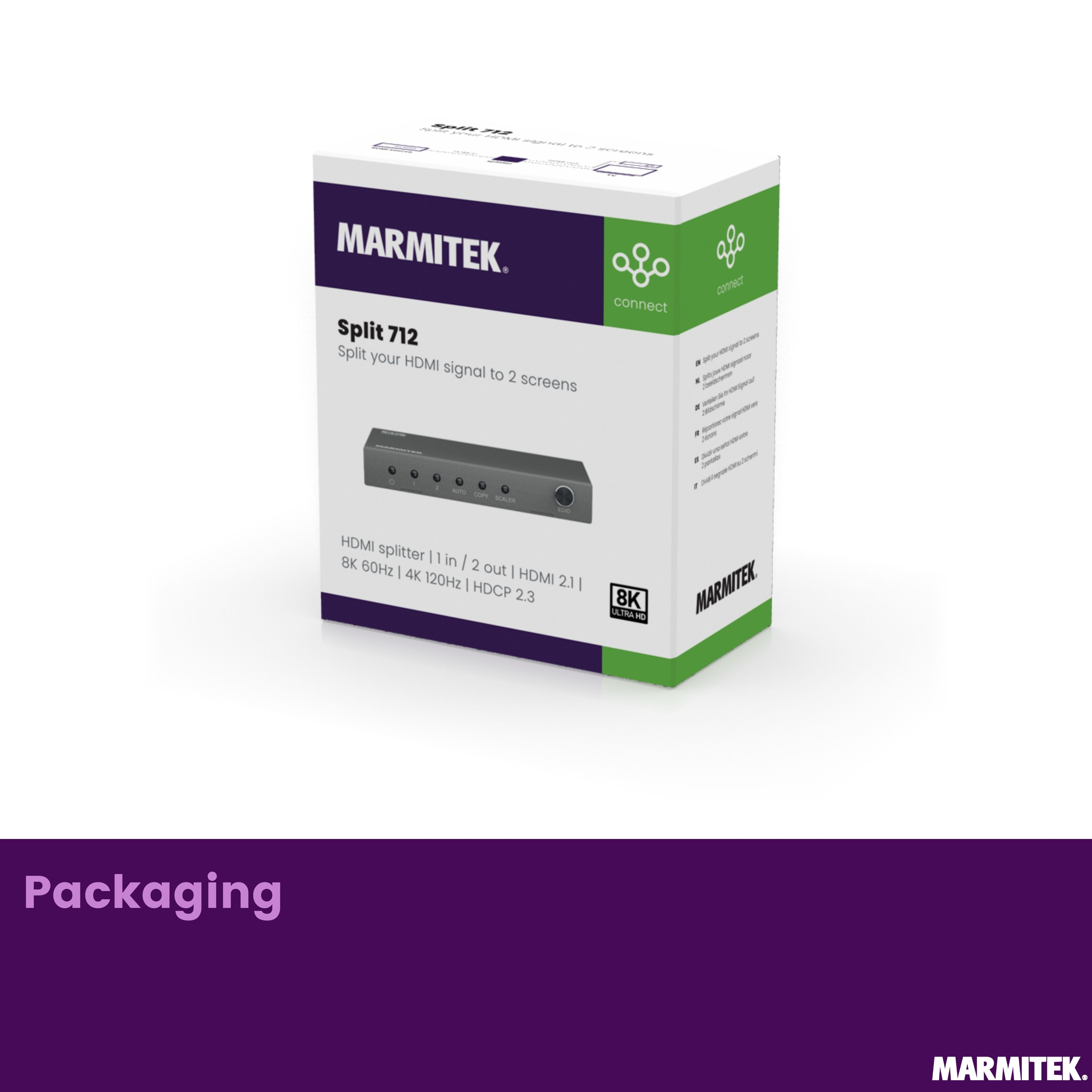 Marmitek Split 712 HDMI-splitter verpakking met apparaat en specificaties.