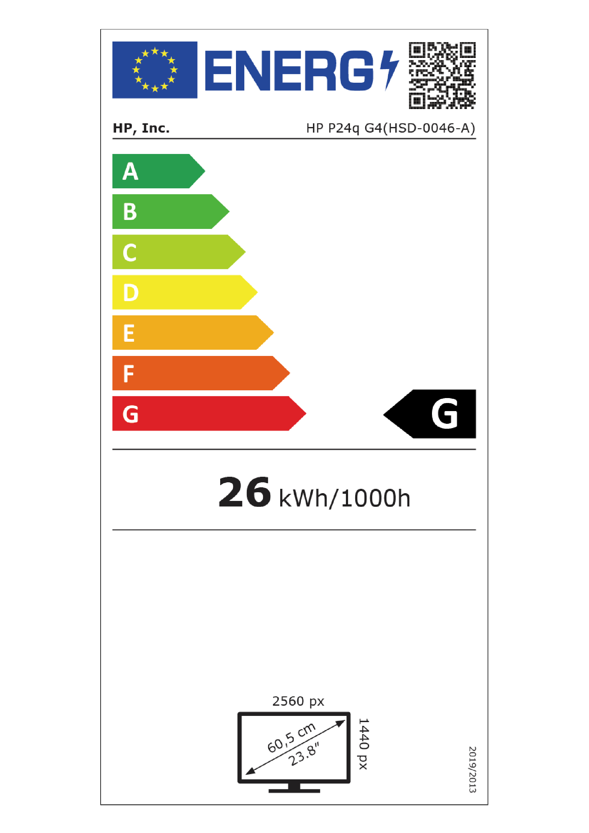 Energieeffizienzlabel mit Skala A-G, Energieverbrauch 26 kWh/1000h.