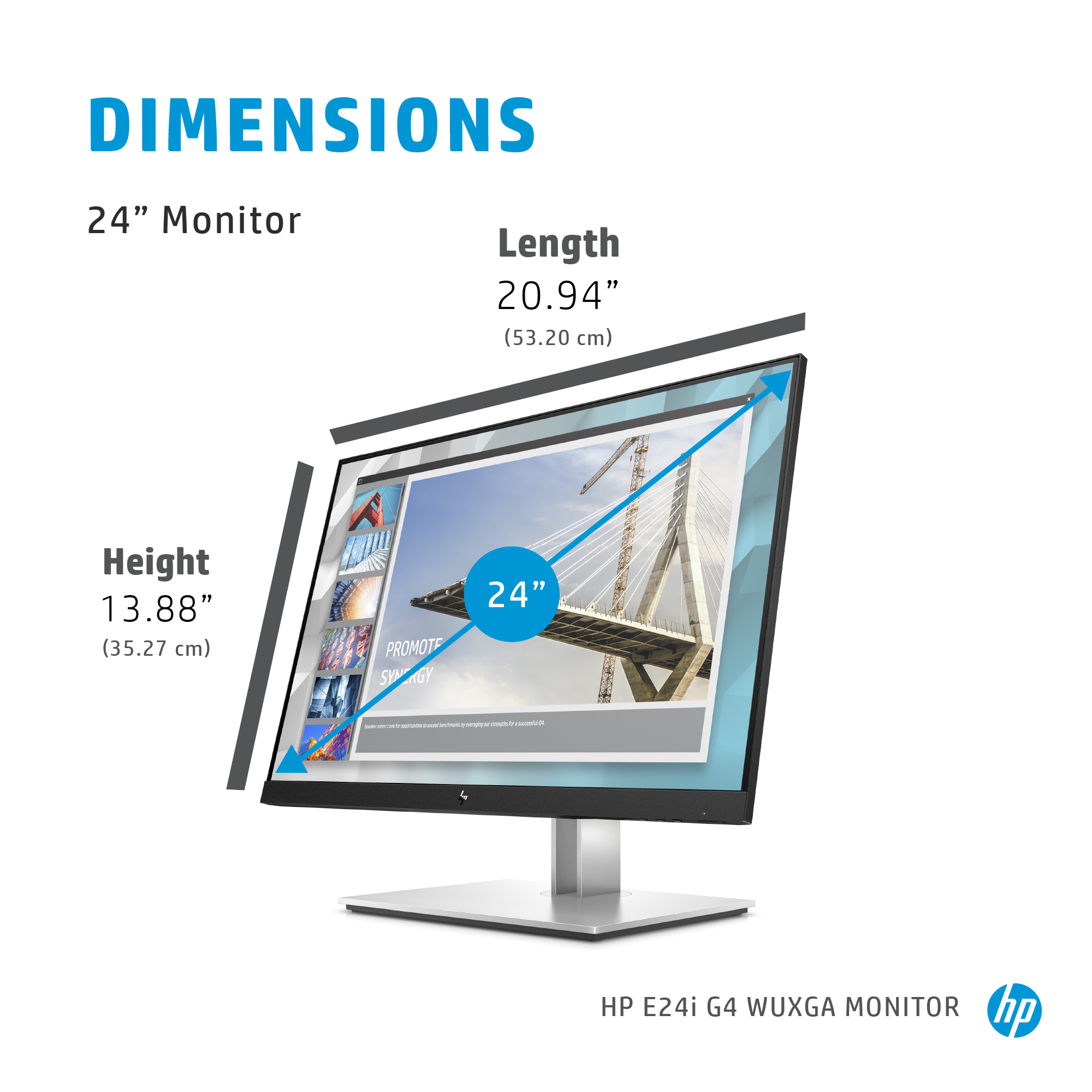 Ein 24-Zoll-Monitor mit Maßen: H 35,27 cm, L 53,20 cm. Zeigt eine Brücke.