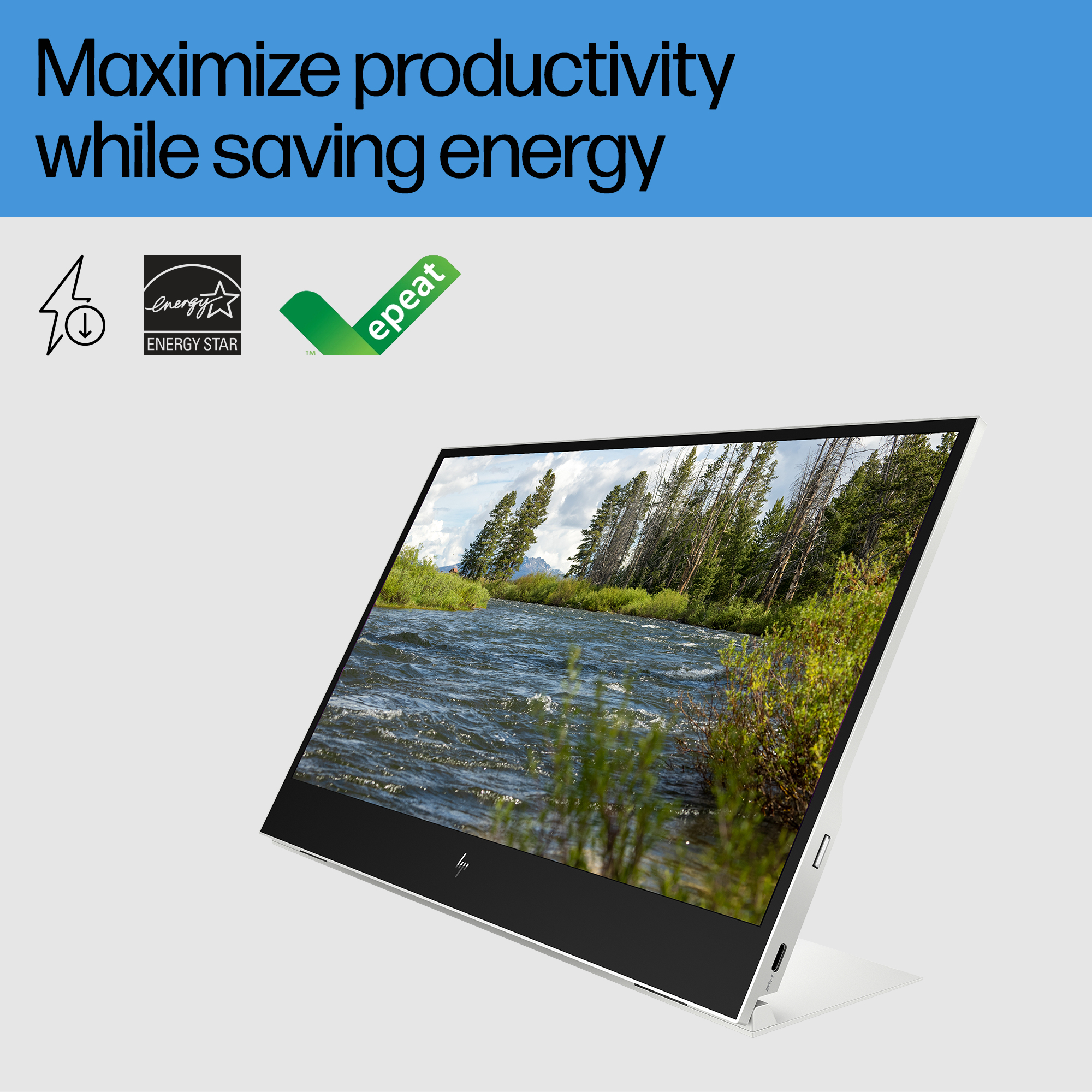 Un laptop mostra un paesaggio fluviale. Loghi Energy Star ed Epeat visibili.
