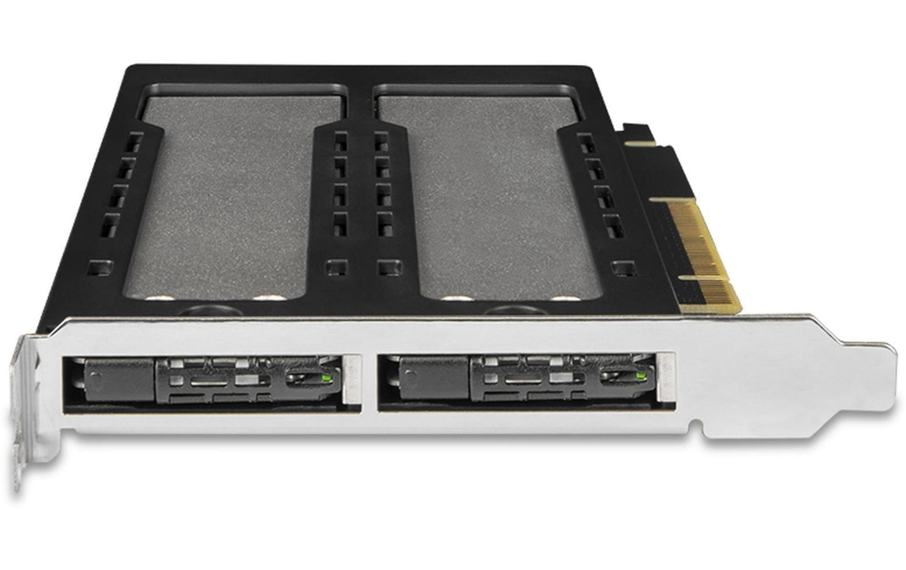 Ein schwarzer Adapter mit zwei SATA-Anschlüssen und einem PCIe-Steckverbinder.