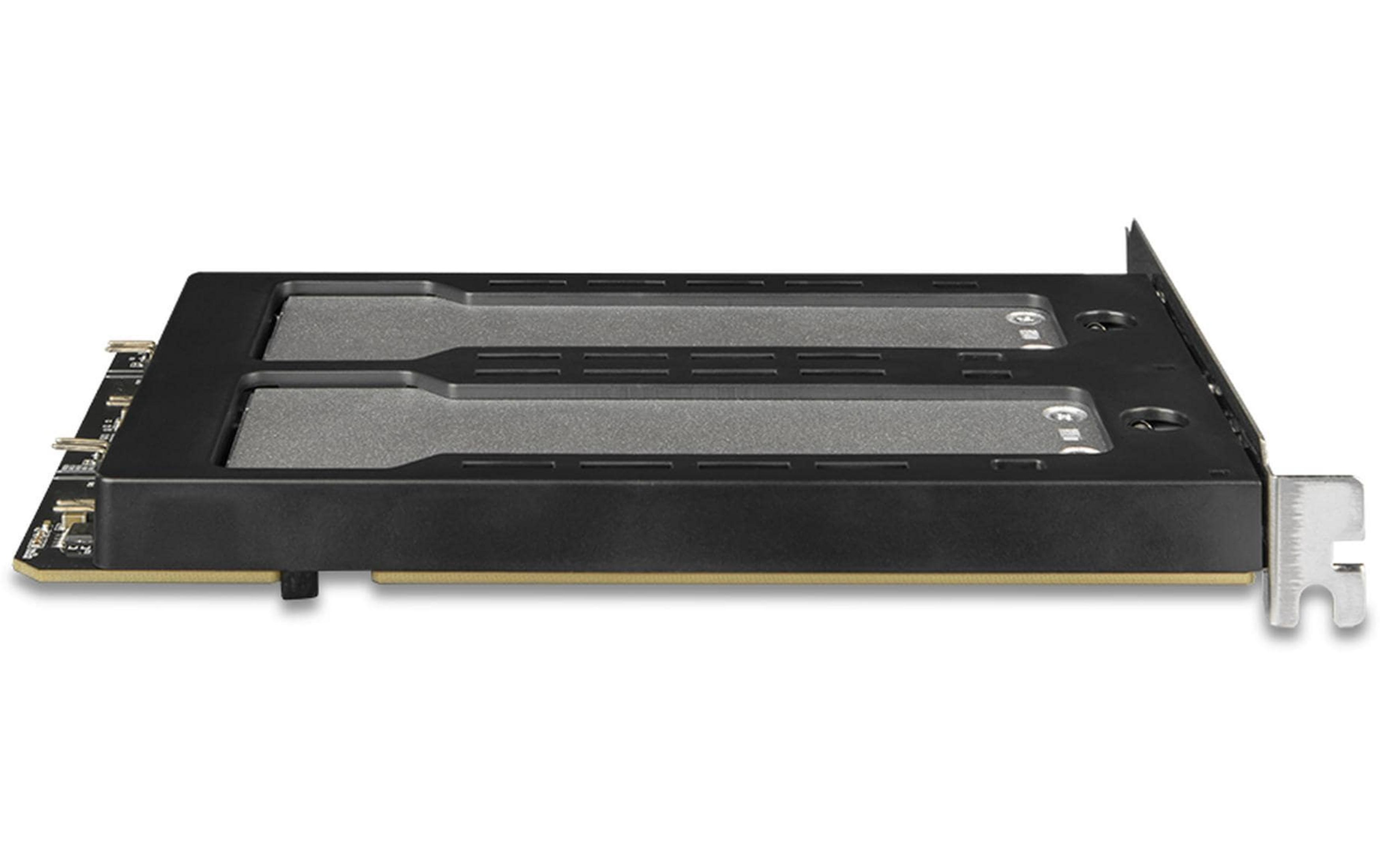 Ein schwarzes Dual-SSD-RAID-Gehäuse mit Metallanschluss und Lüftungsschlitzen.