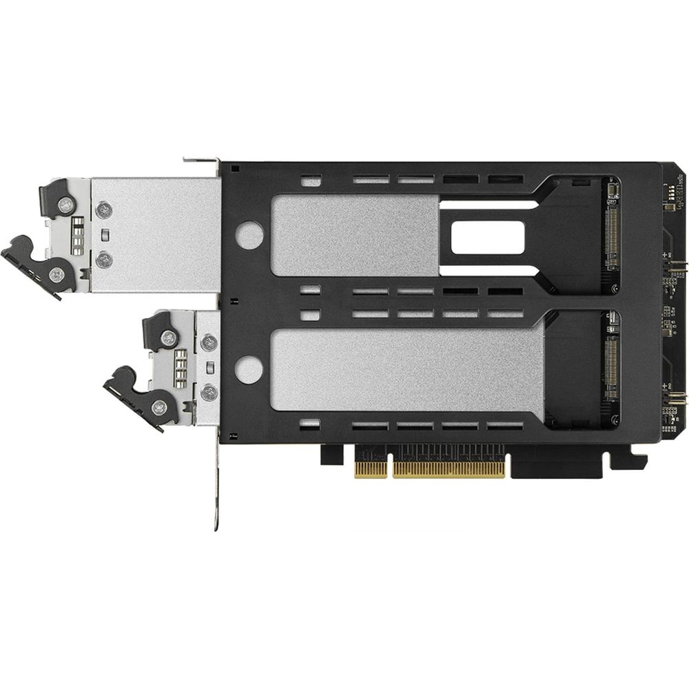Eine schwarze Computerkomponente mit silbernen Steckplätzen und goldenen Anschlüssen auf weißem Hintergrund.