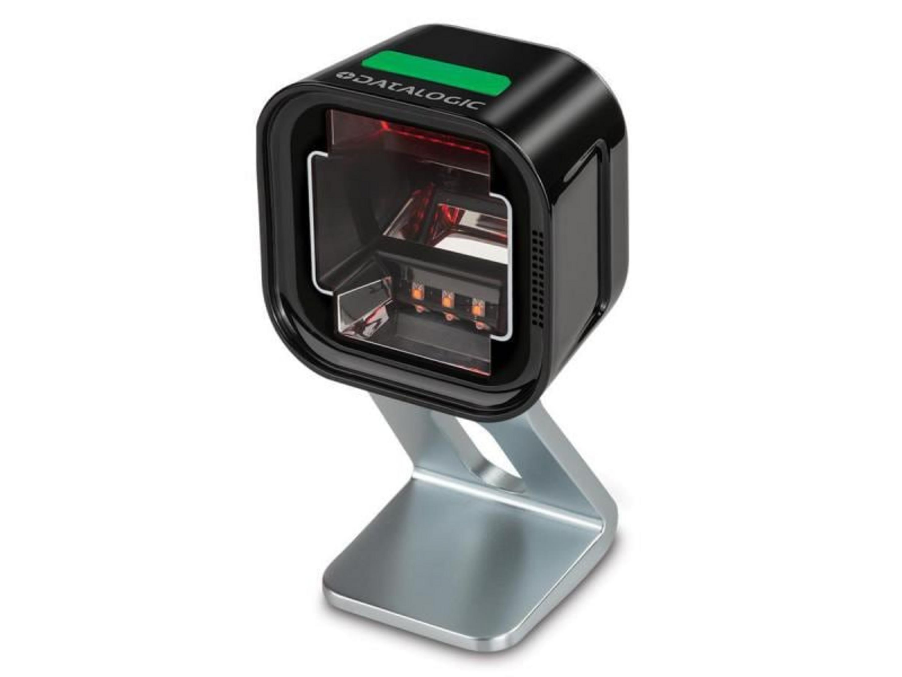 Uno scanner di codici a barre nero con luce verde su supporto argentato.