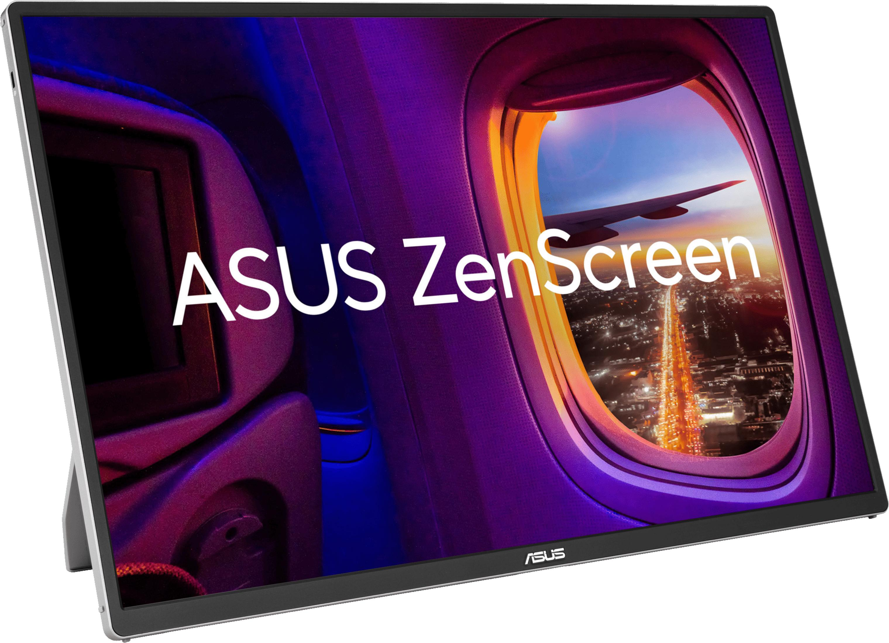 Tragbarer ASUS ZenScreen Monitor zeigt Flugzeugfenster-Blick auf Stadtlichter in der Dämmerung.