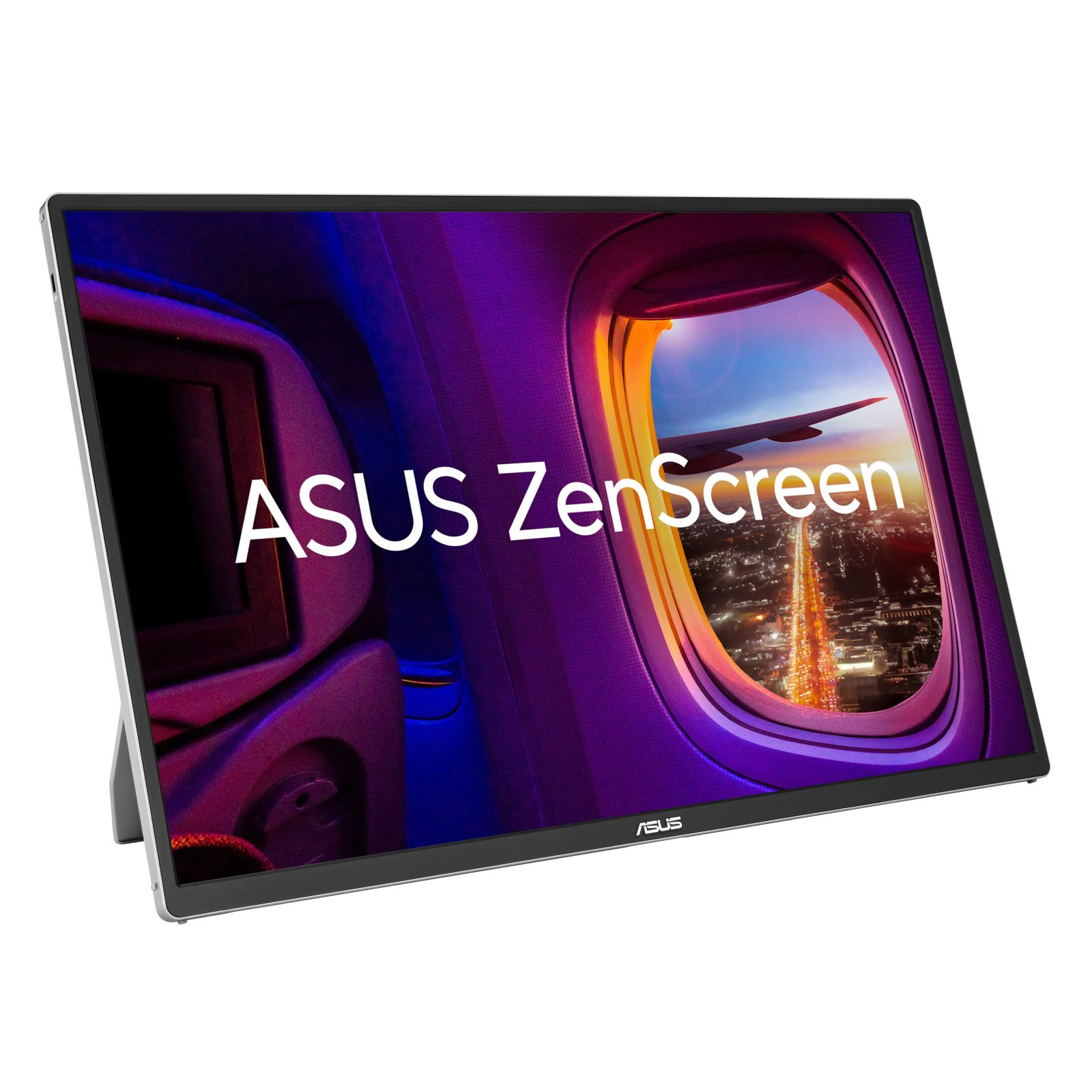 Ein tragbarer ASUS ZenScreen Monitor zeigt eine Flugzeugfenster-Ansicht einer Stadt bei Nacht.