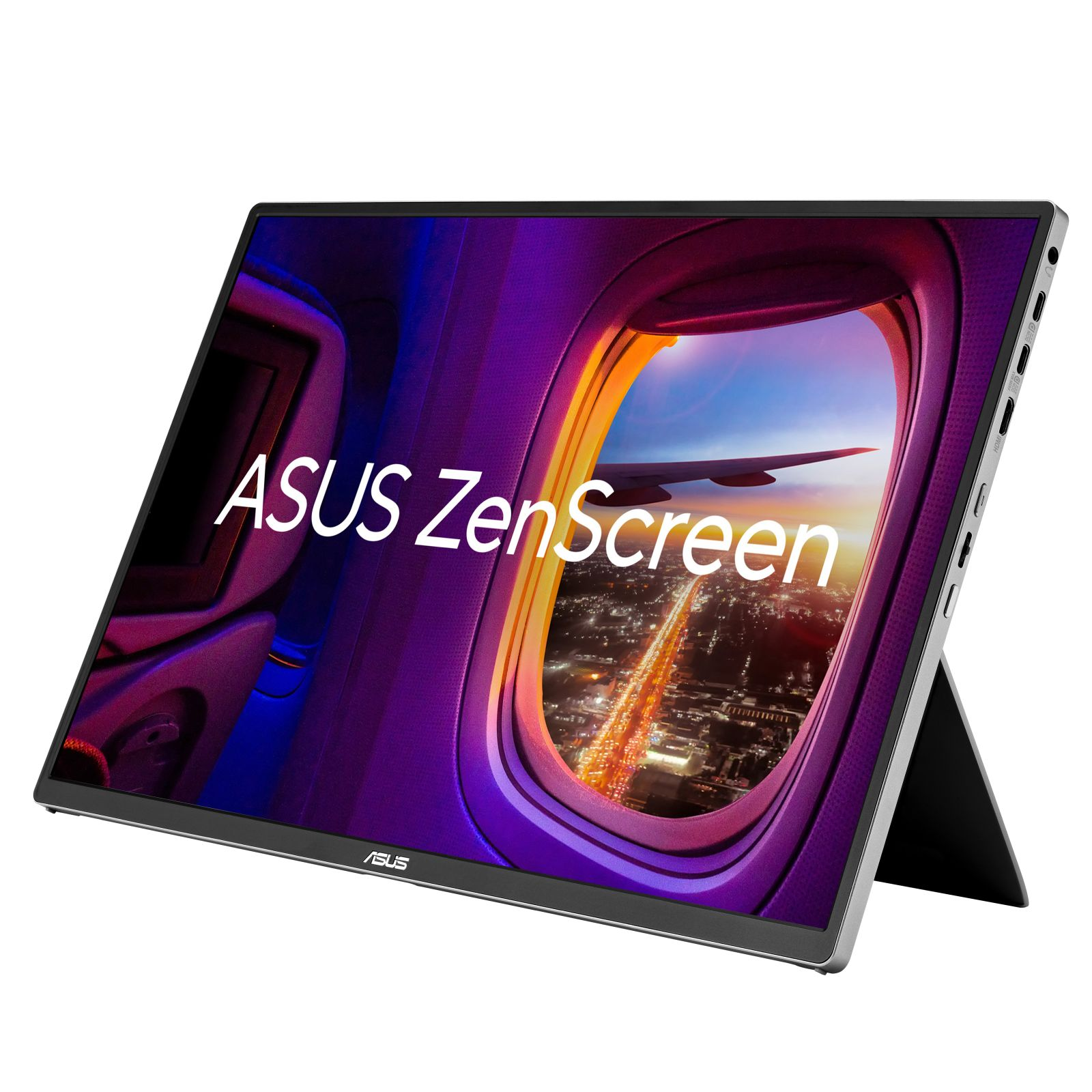Ein Asus ZenScreen Laptop mit Flugzeugfenster-Hintergrund, Blick auf eine Stadt bei Nacht.