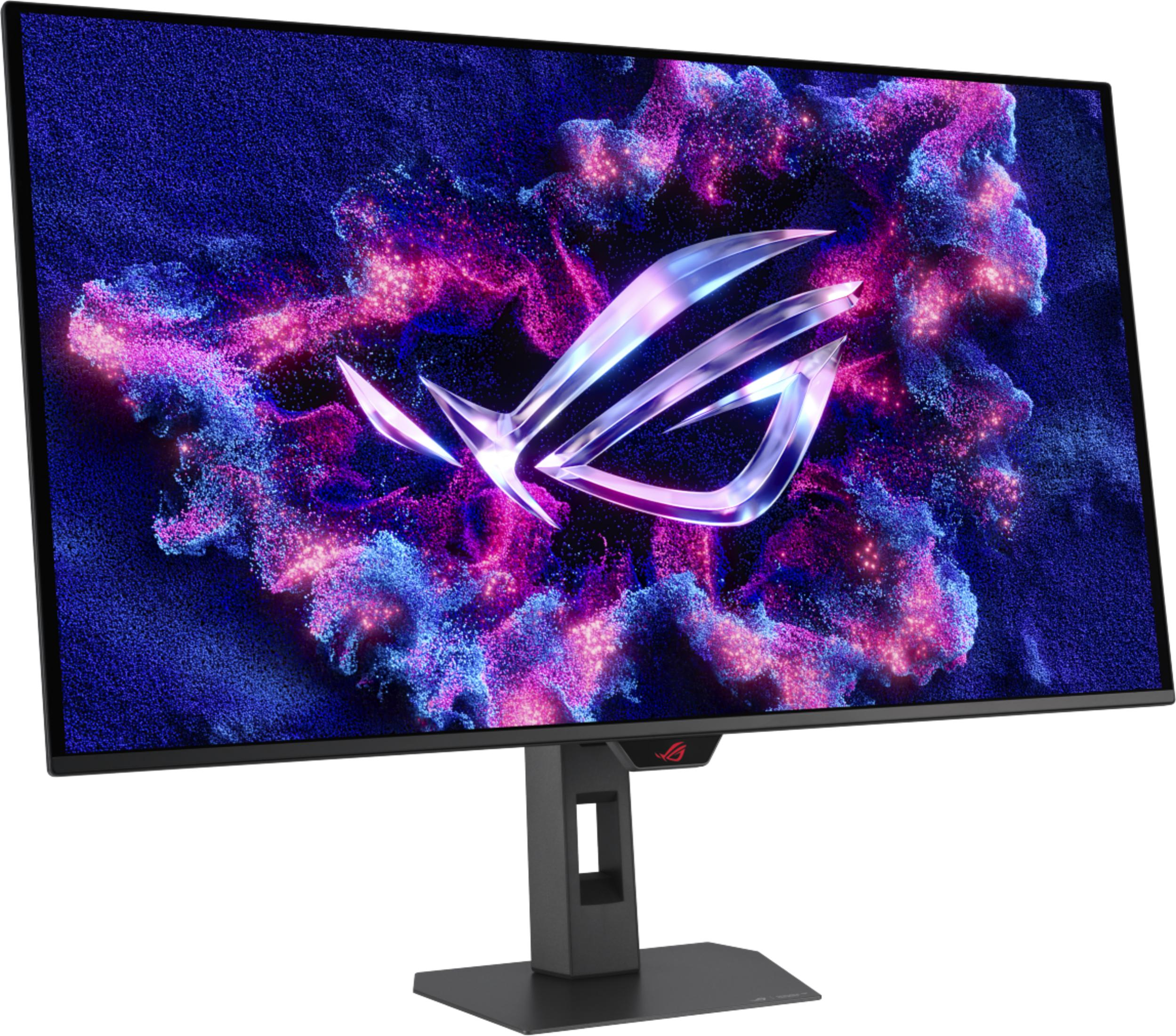 Ein Monitor mit einem ROG-Logo und einem Hintergrund aus blauen und violetten Partikeln.