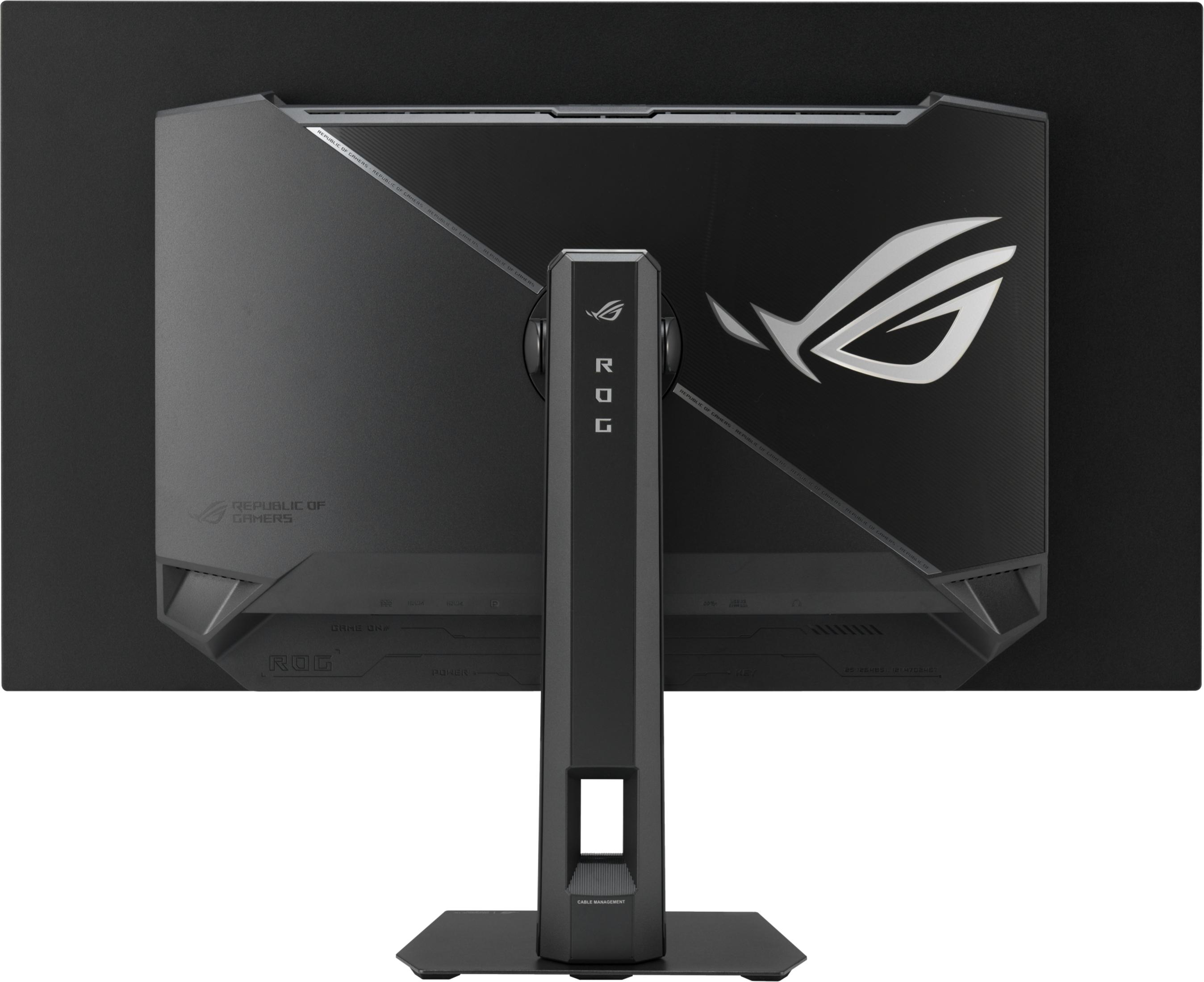 Rückseite eines schwarzen Monitors mit ROG-Logo und Ständer.