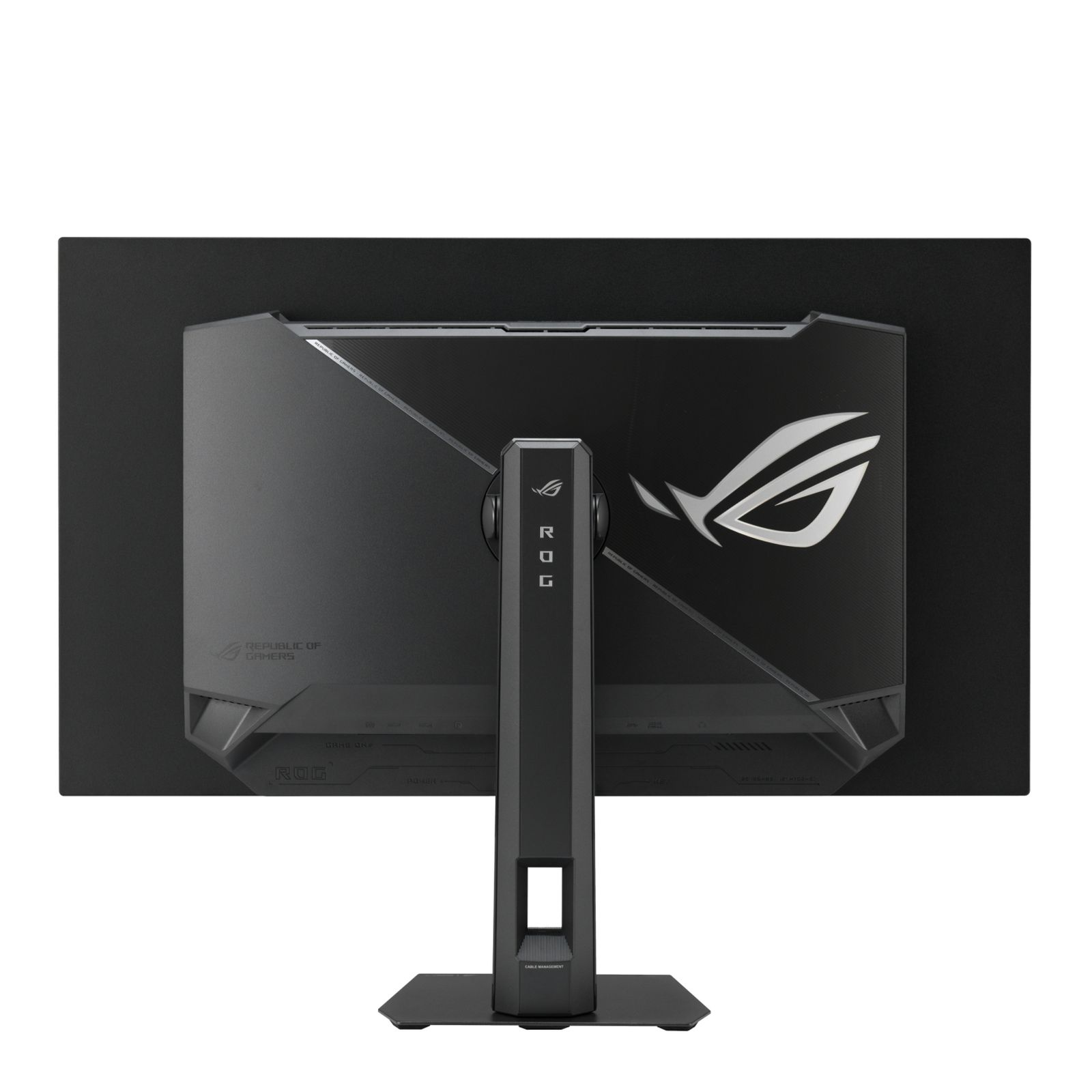 Rückseite eines schwarzen Monitors mit ROG-Logo und Ständer.
