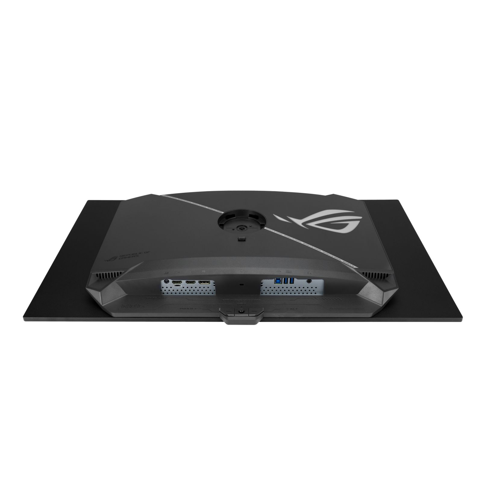 Rückseite eines schwarzen Monitors mit Anschlüssen und ROG-Logo.