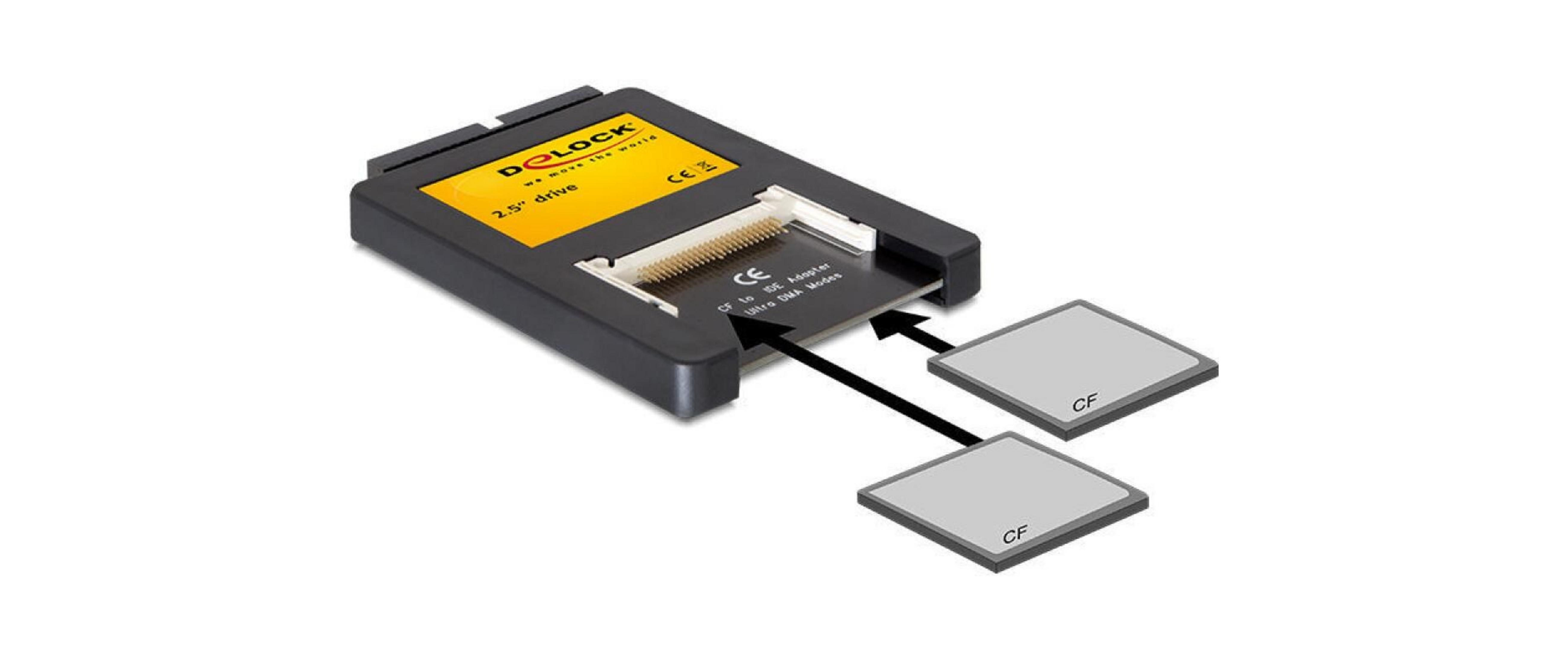 Ein schwarzer Adapter mit gelbem Aufkleber und zwei CF-Karten.