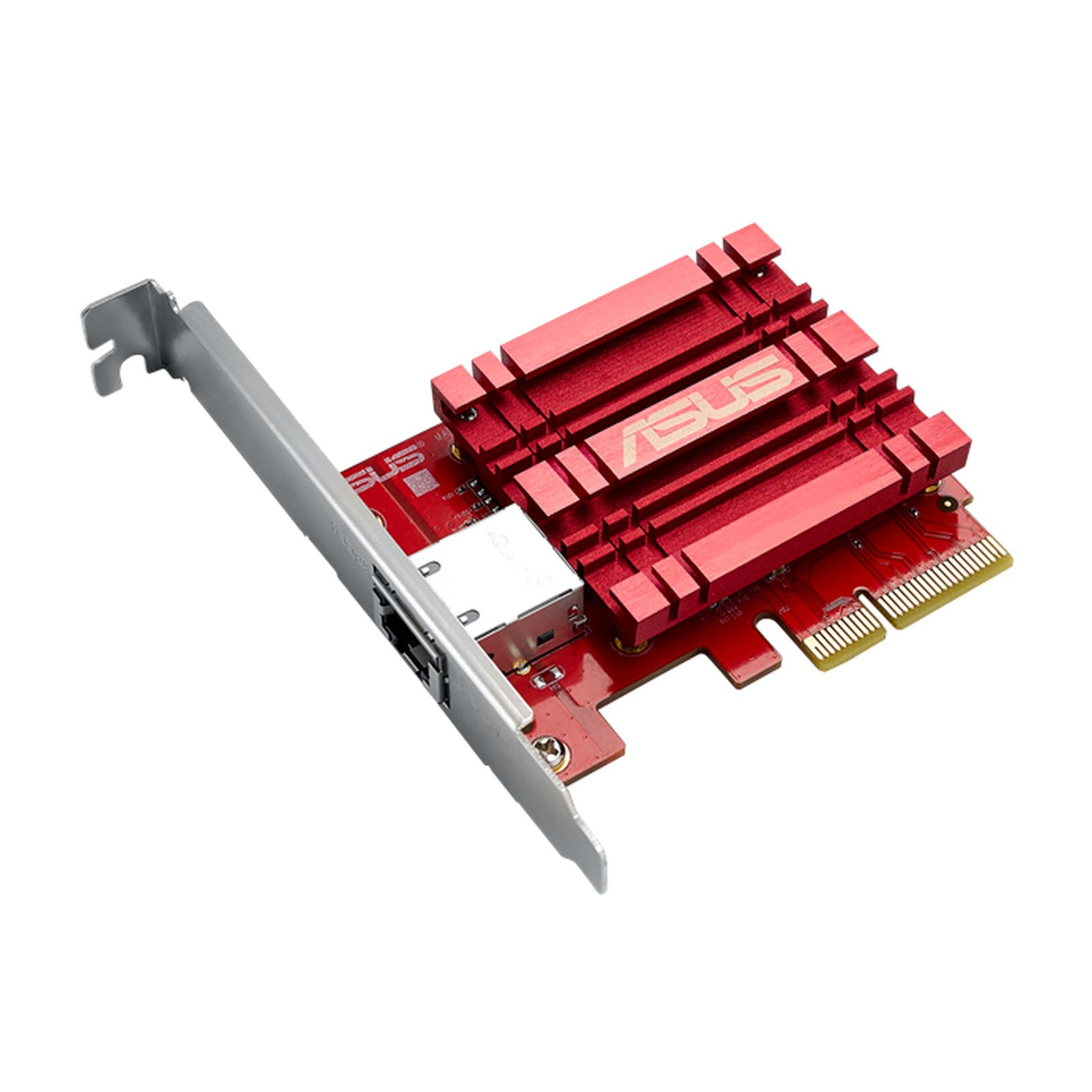 Ein rotes ASUS Netzwerkkarte mit Kühlkörper und silbernem Anschluss.