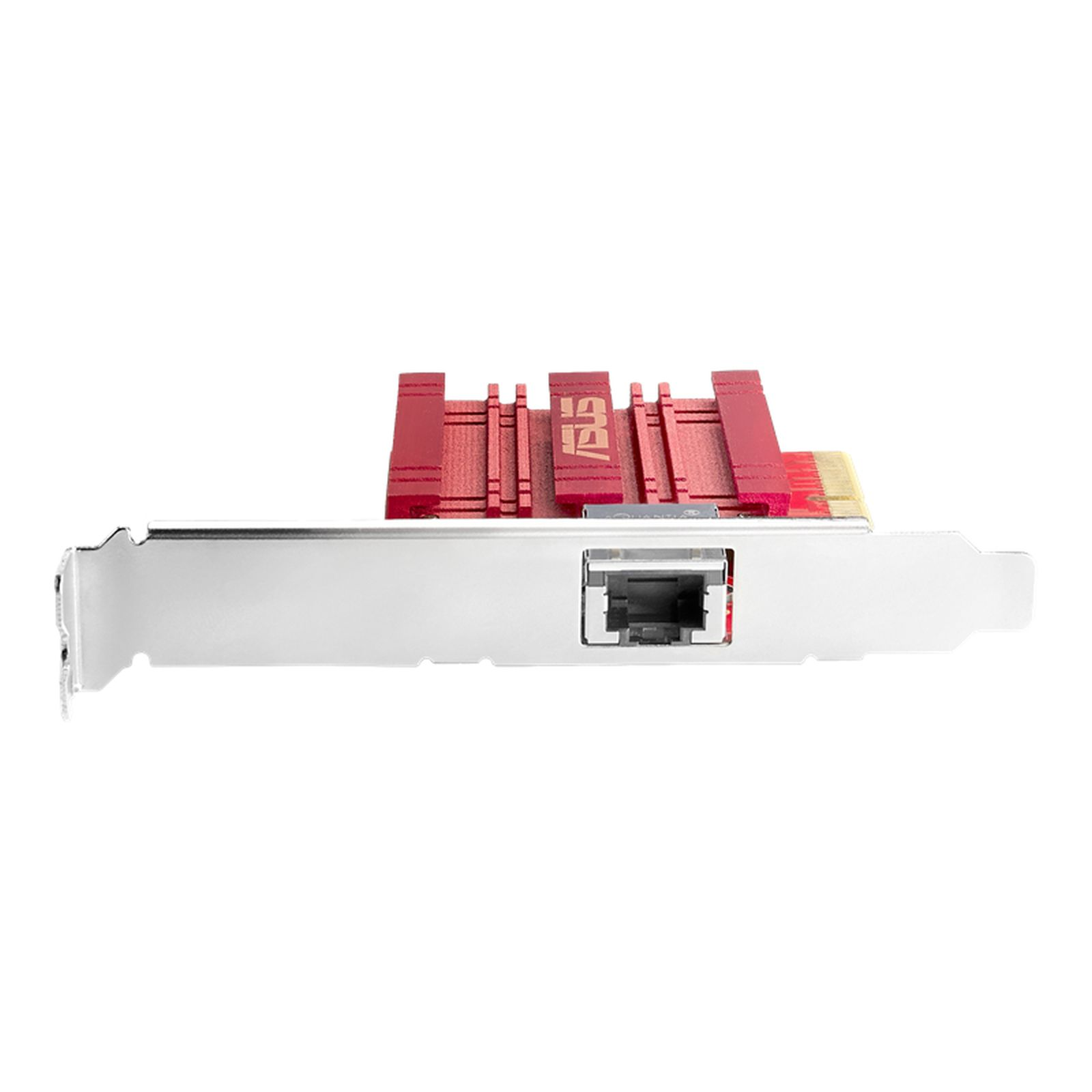 Rote ASUS-Netzwerkkarte mit RJ45-Anschluss und Kühlkörpern.
