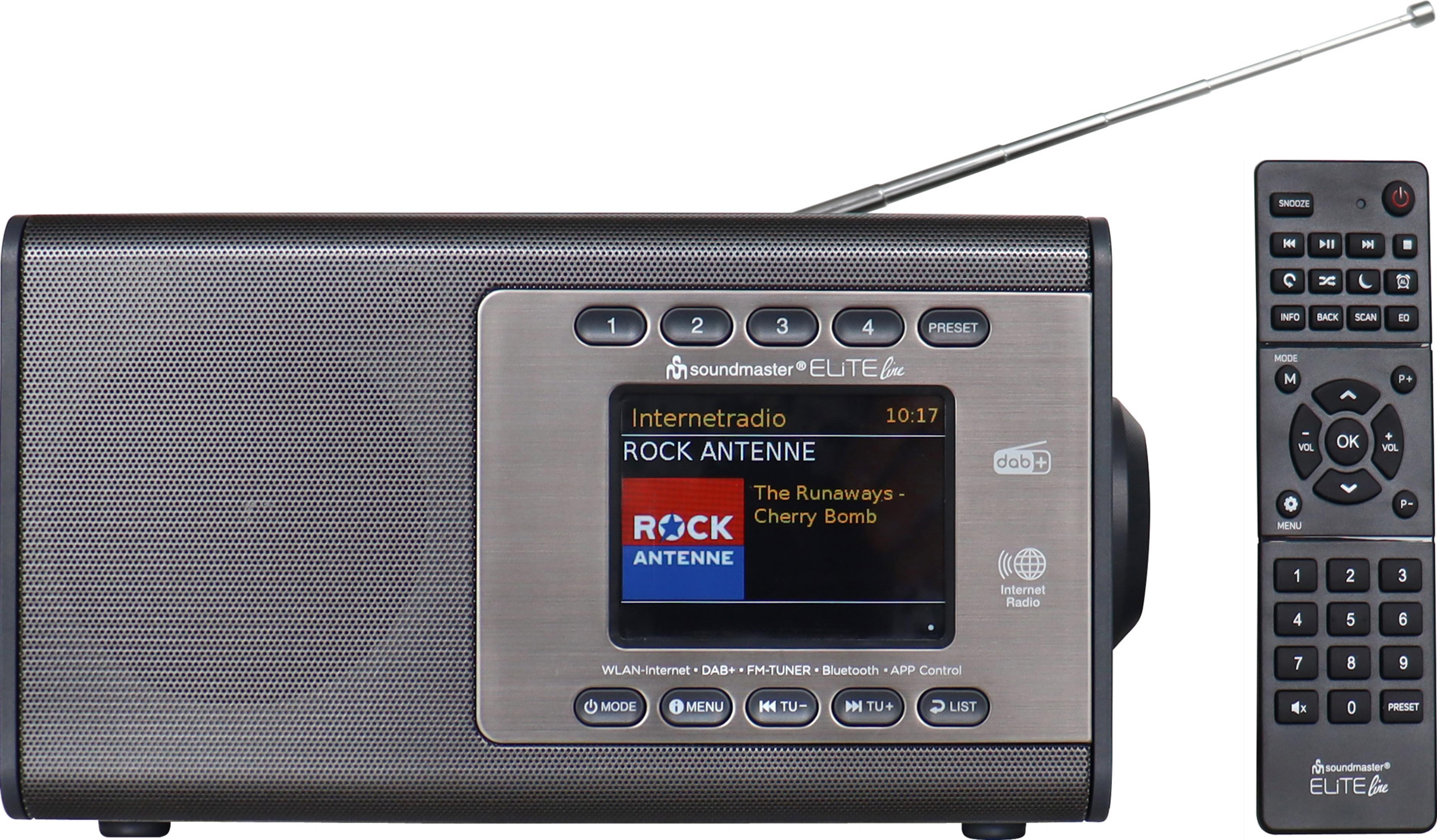 Ein graues Internetradio mit Fernbedienung. Antenne ausgefahren.