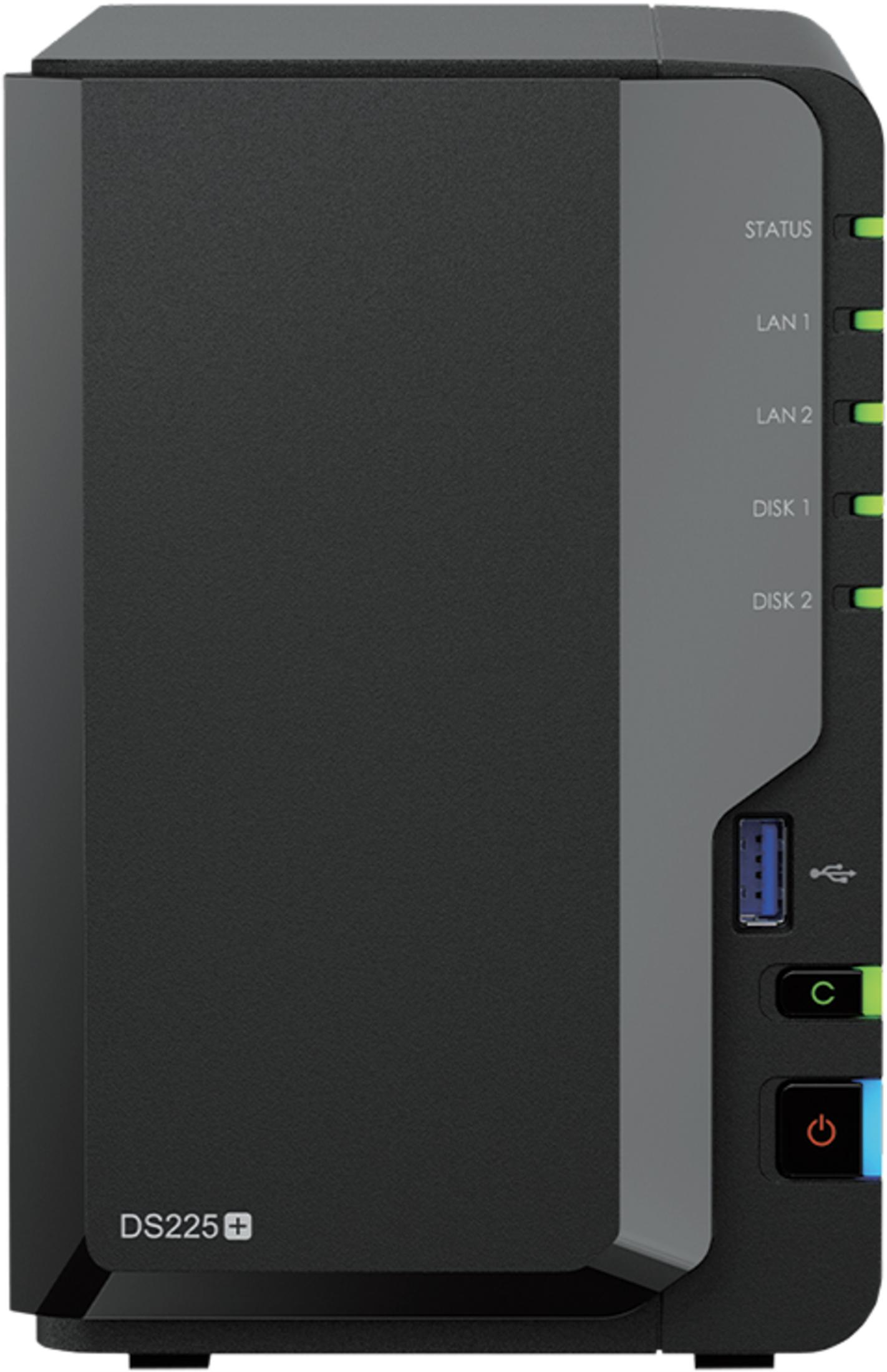 Disque NAS noir avec voyants d'état, port USB et bouton d'alimentation. Étiquette DS225+