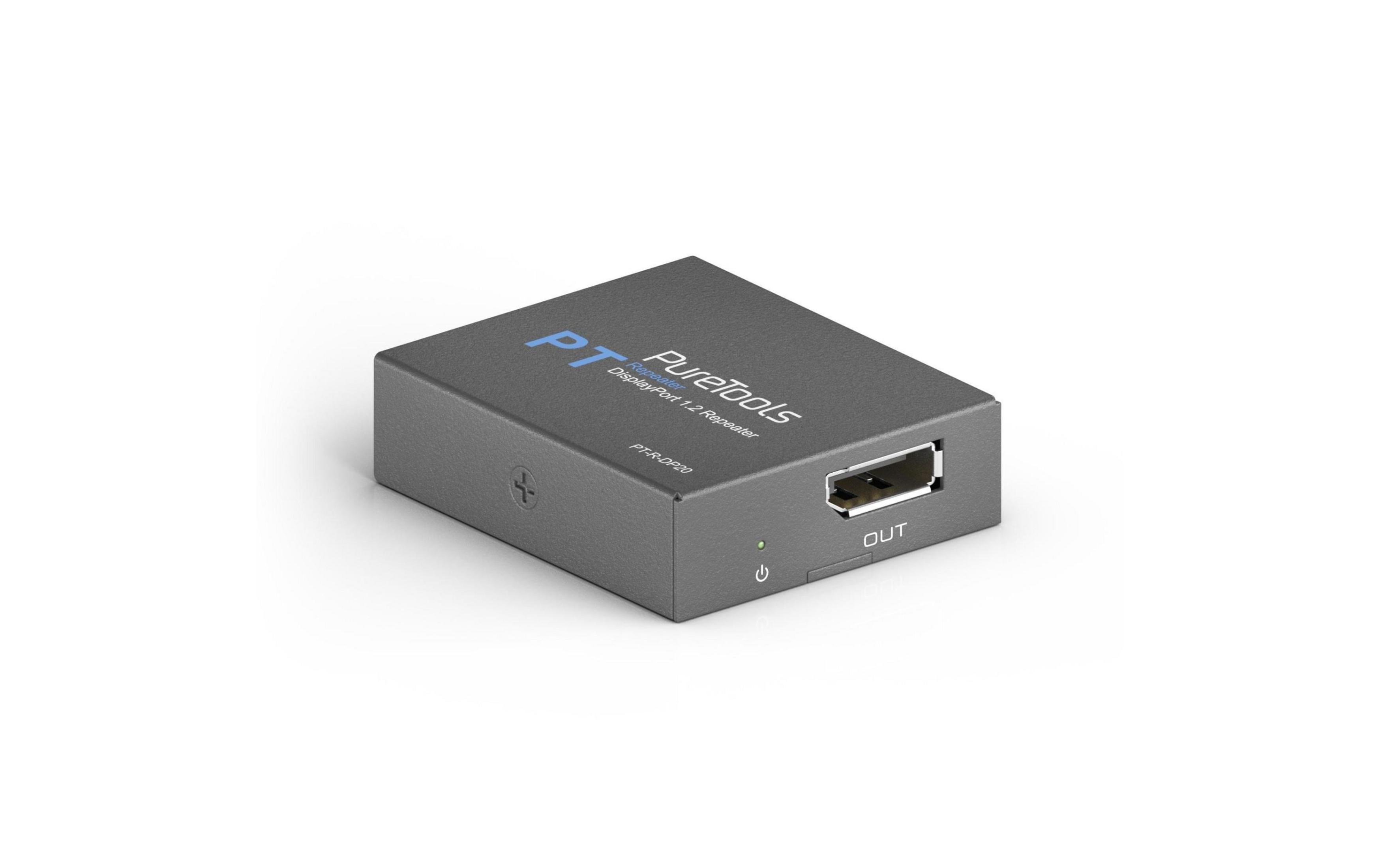 Grauer DisplayPort 1.2 Repeater mit Beschriftung, OUT-Anschluss und Power-Symbol.