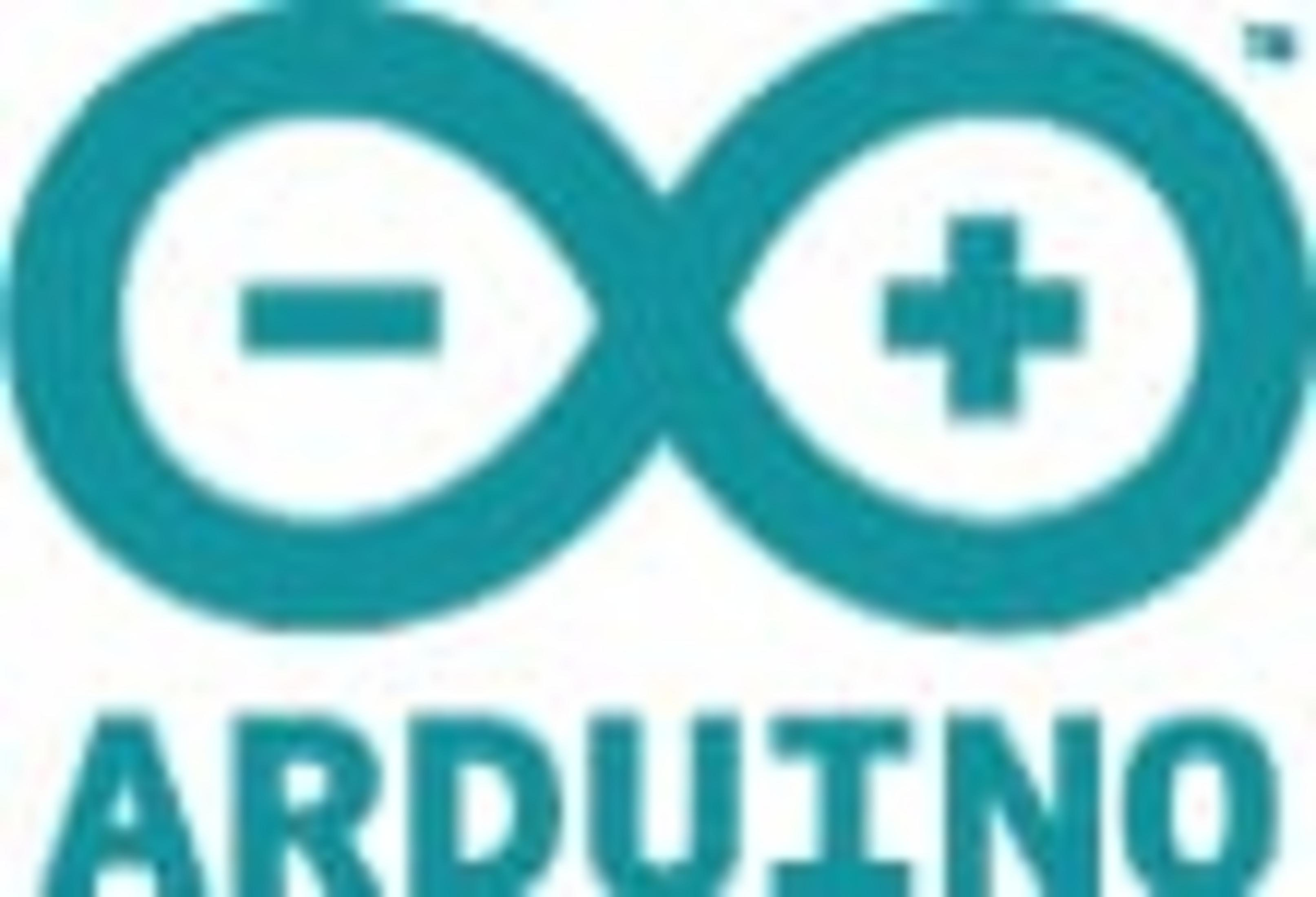 Arduino-Logo mit einem Minuszeichen links und einem Pluszeichen rechts.