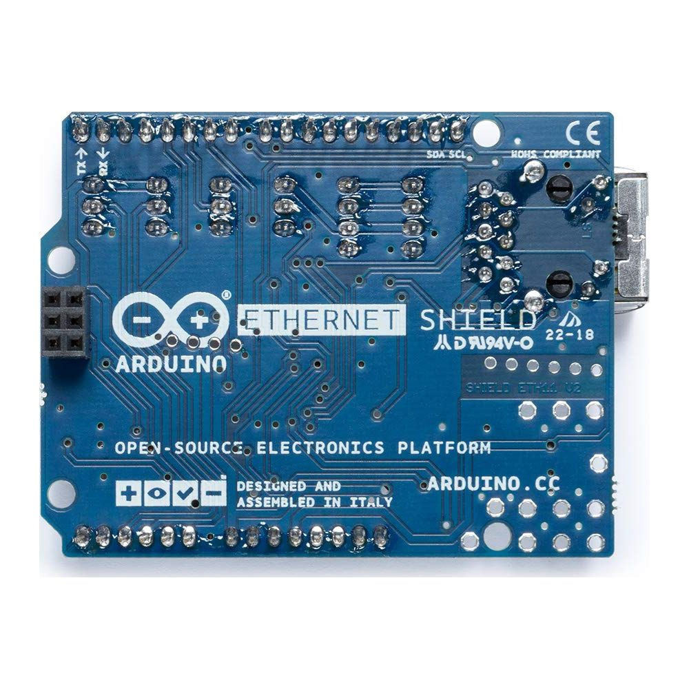 Blaues Arduino Ethernet Shield mit Textbeschriftungen und Komponenten.
