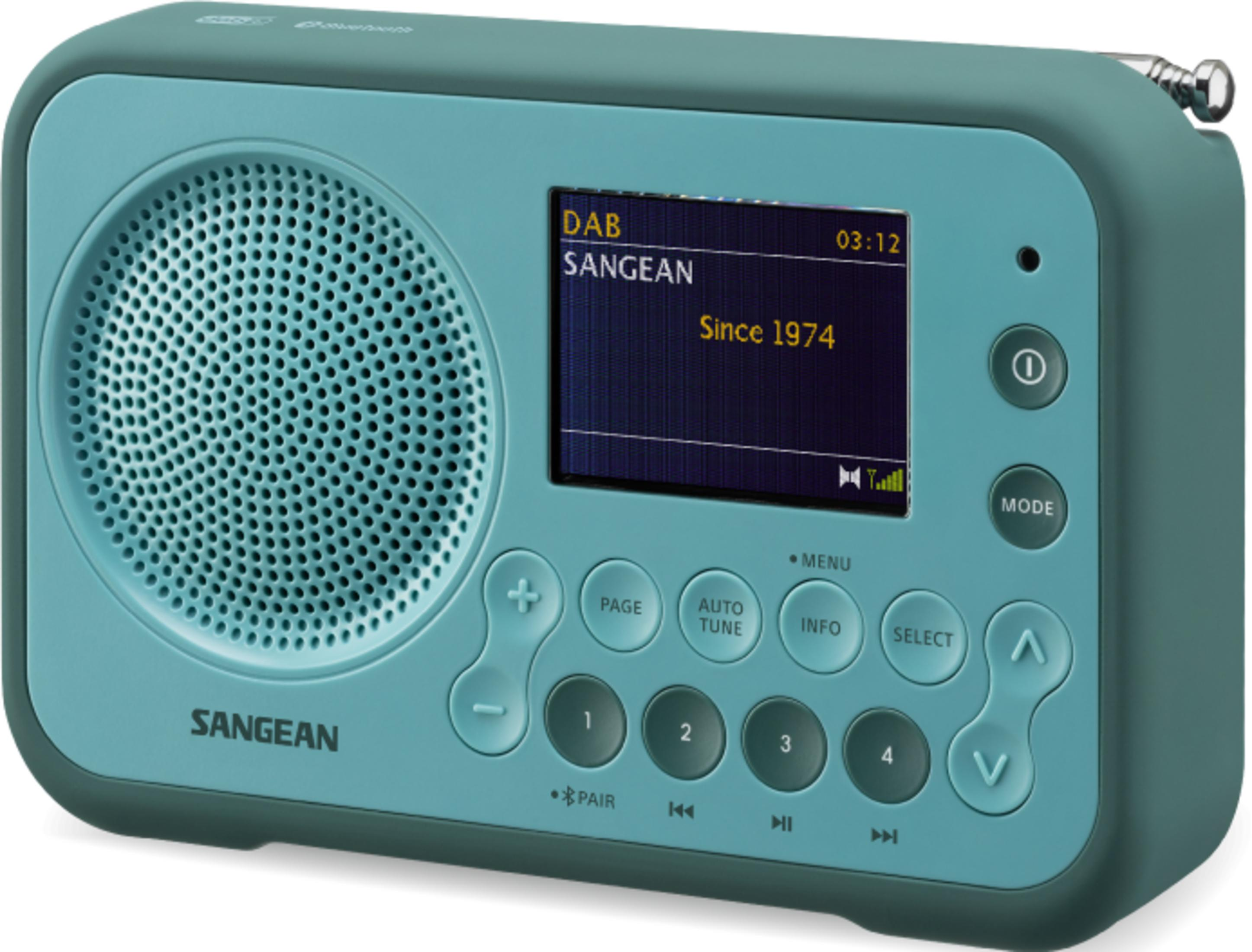 Une radio DAB Sangean turquoise avec haut-parleur, écran et boutons.