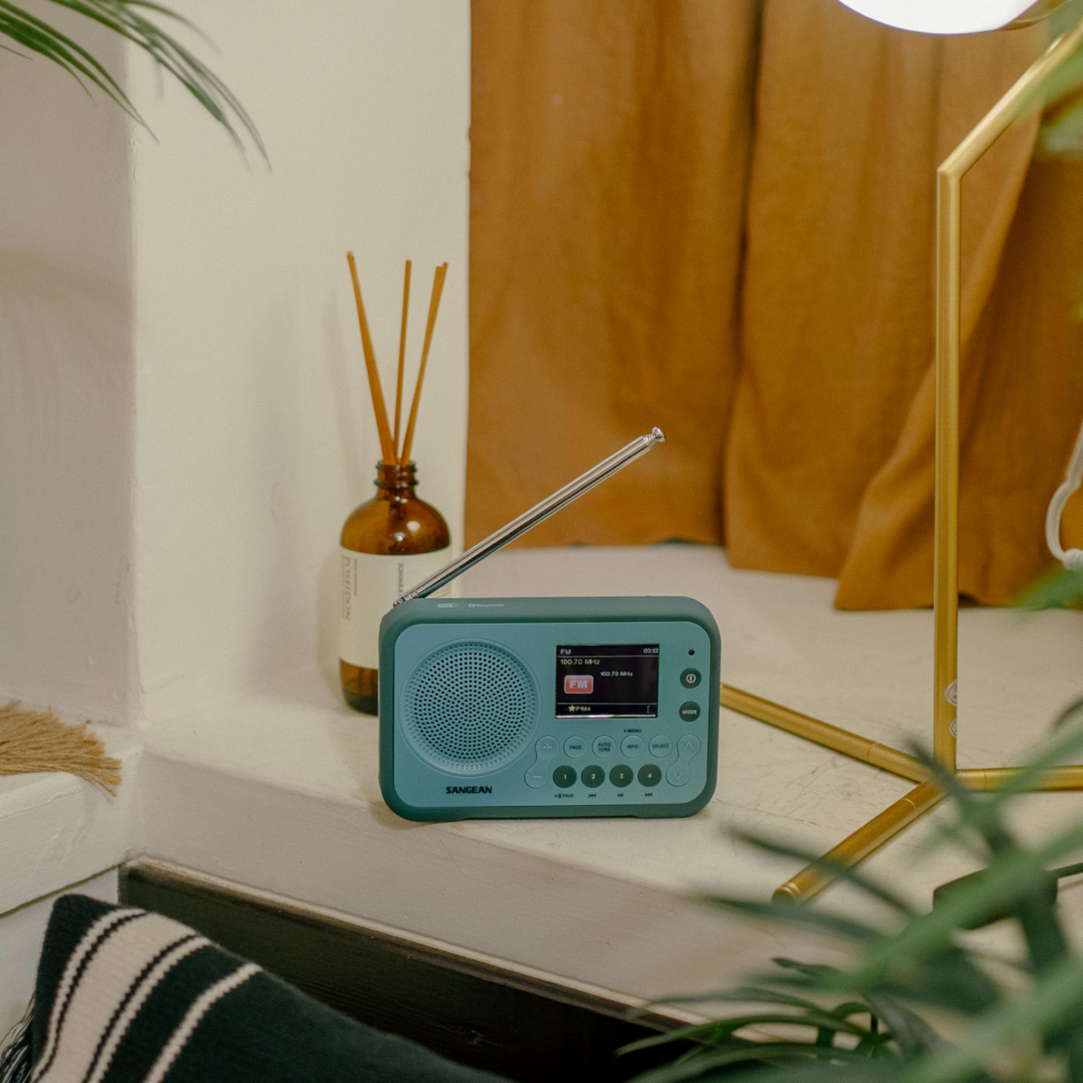 Une radio bleu sarcelle est posée sur un rebord à côté d'une bouteille en verre avec des bâtons diffuseurs.