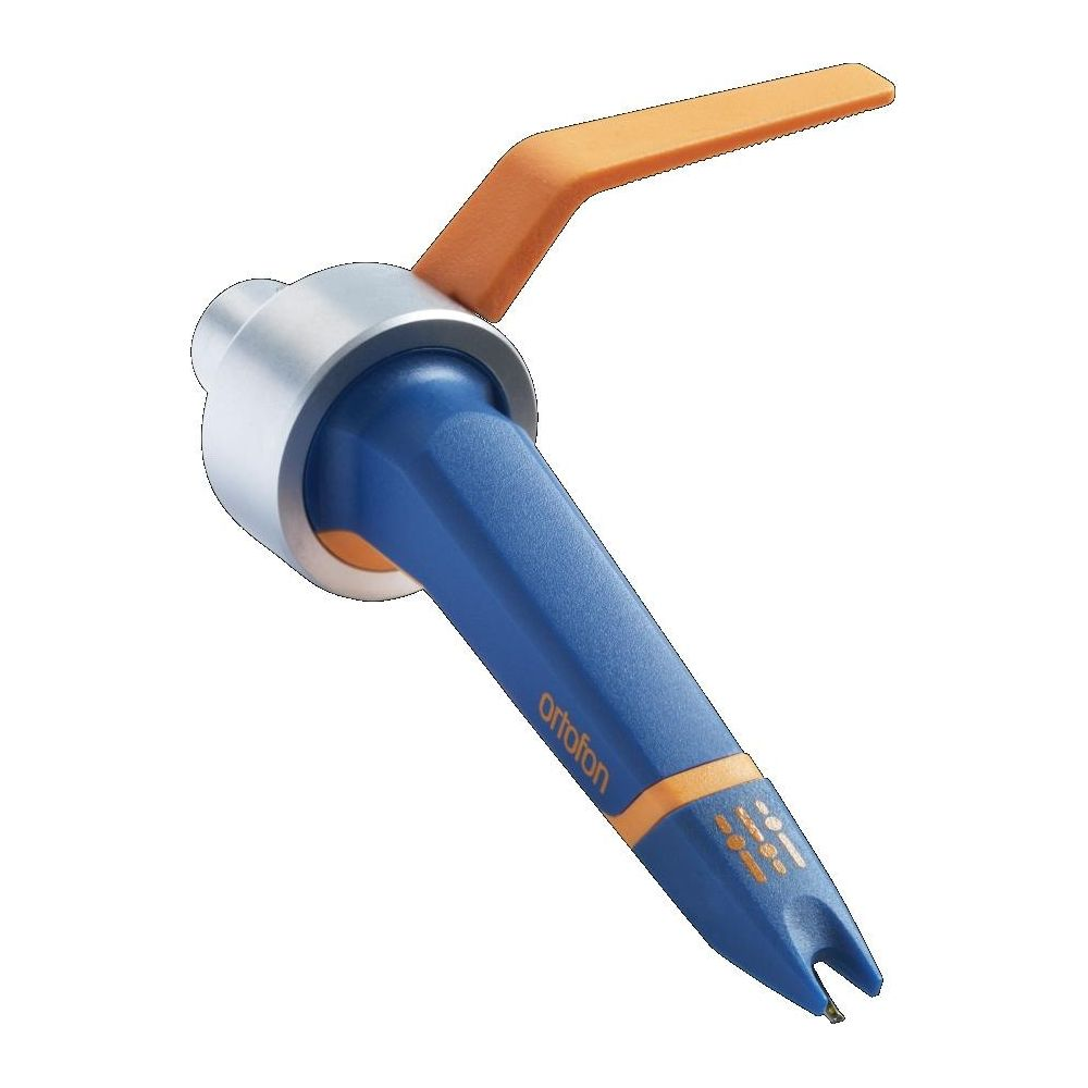 Eine blaue und orange Ortofon-Tonabnehmerkassette mit silbernem Sockel und Stift.