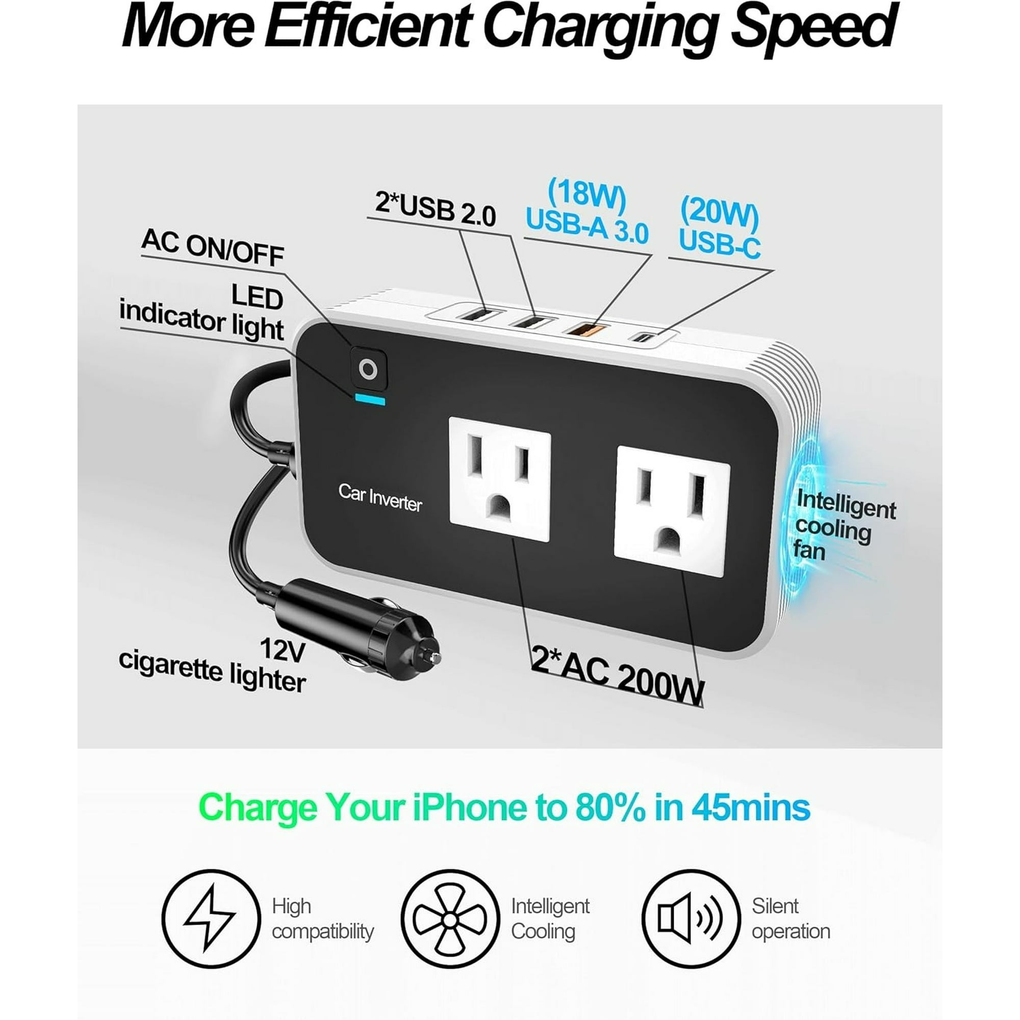 Auto-Wechselrichter mit 2 AC-Steckdosen, 2 USB 2.0, 1 USB-A 3.0, 1 USB-C.