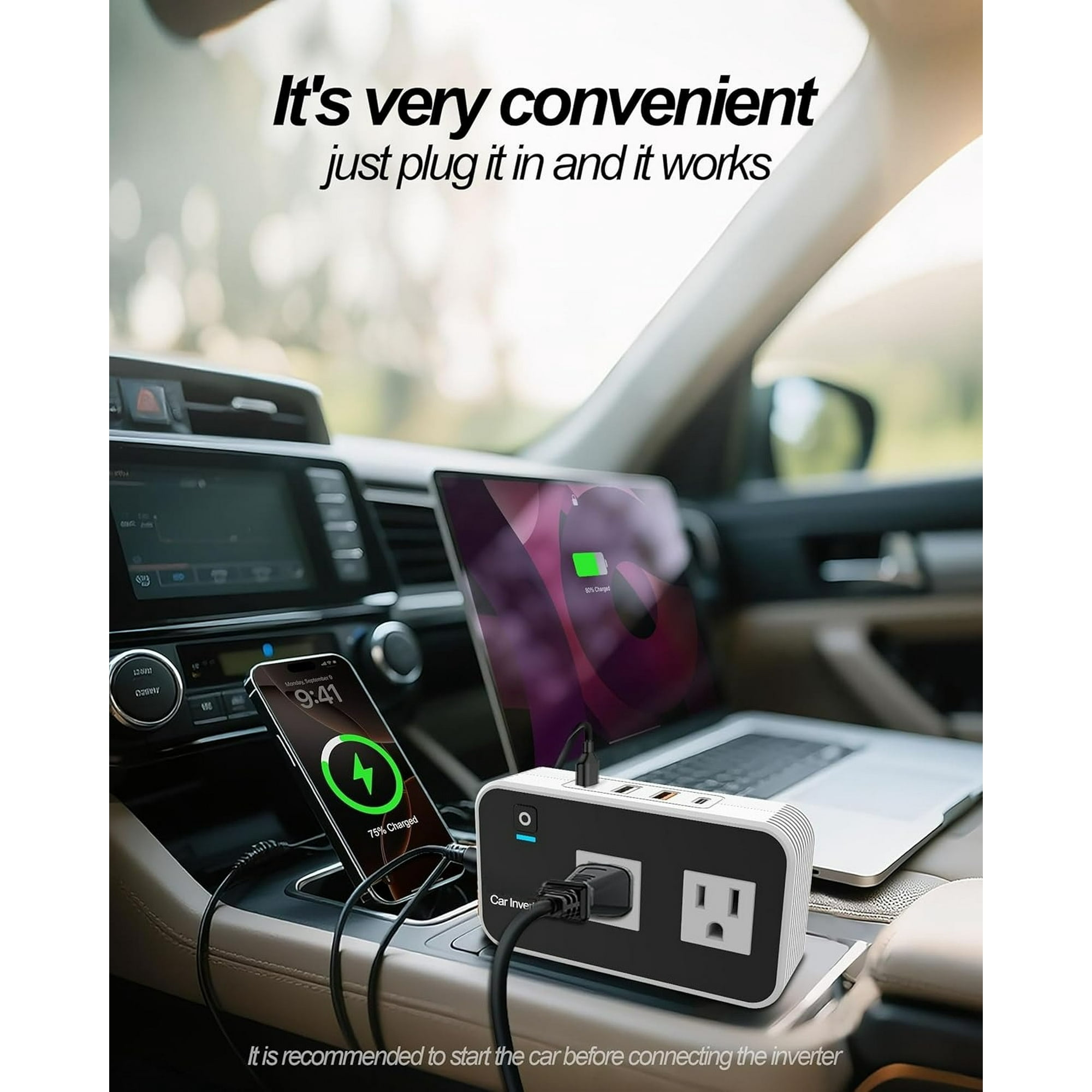 Ein Auto-Inverter mit Laptop und iPhone im Auto, die beide aufgeladen werden.