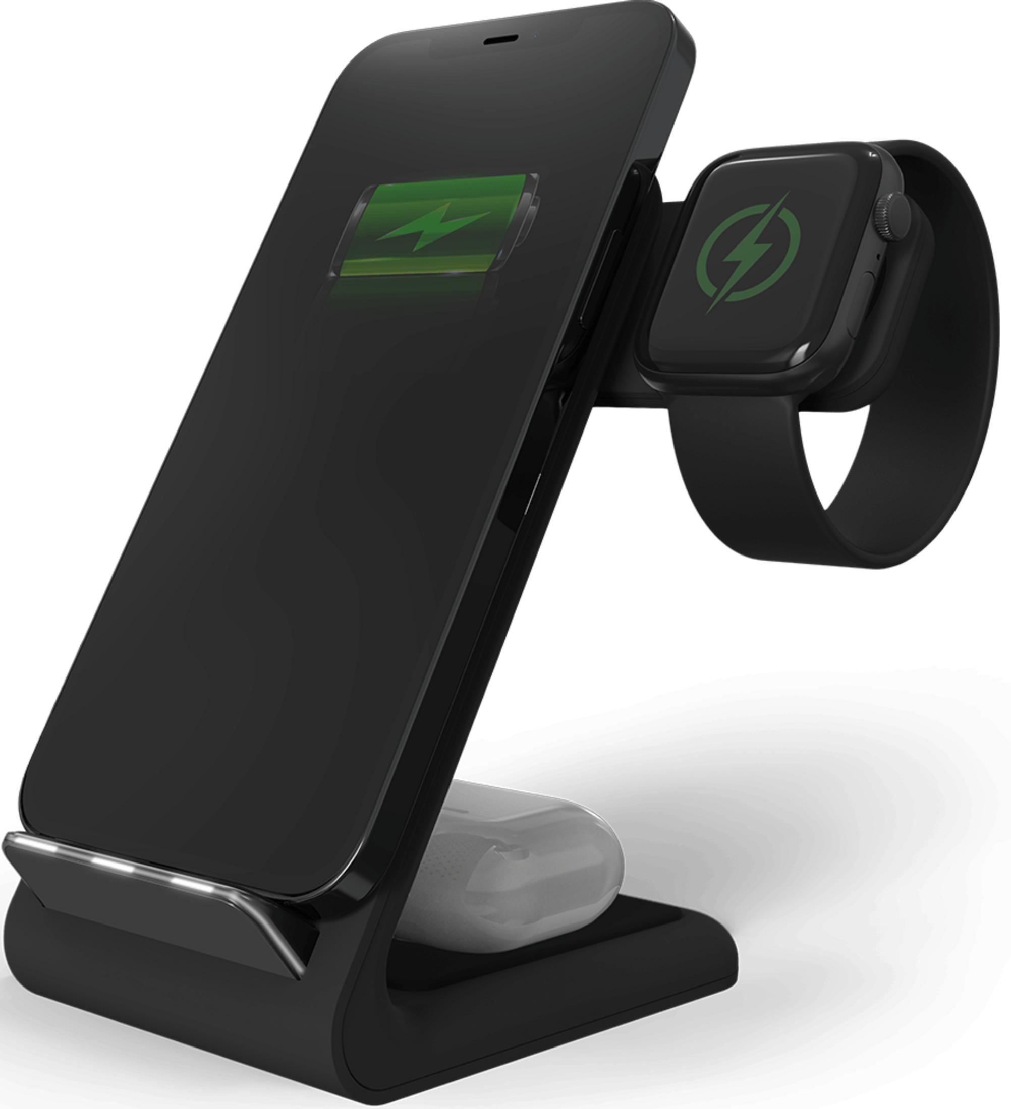 Supporto di ricarica nero con telefono, orologio e auricolari, tutti con icone di carica.