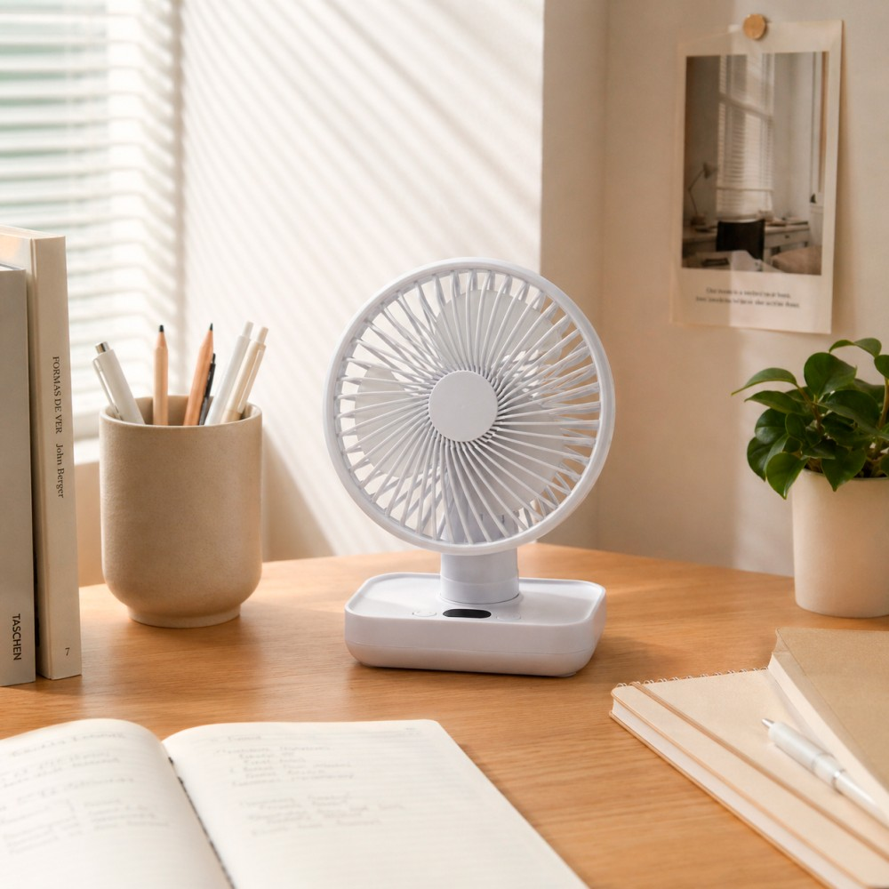 Un ventilador portátil blanco sobre un escritorio de madera con libros, bolígrafos y cuadernos.