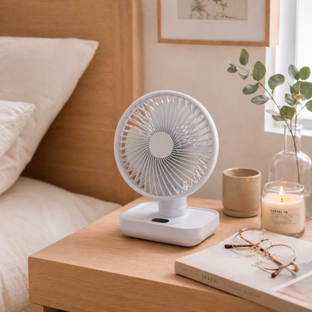 Un ventilador portátil blanco sobre una mesita de noche de madera junto a una cama. También visibles: gafas, libro, vela y jarrón.