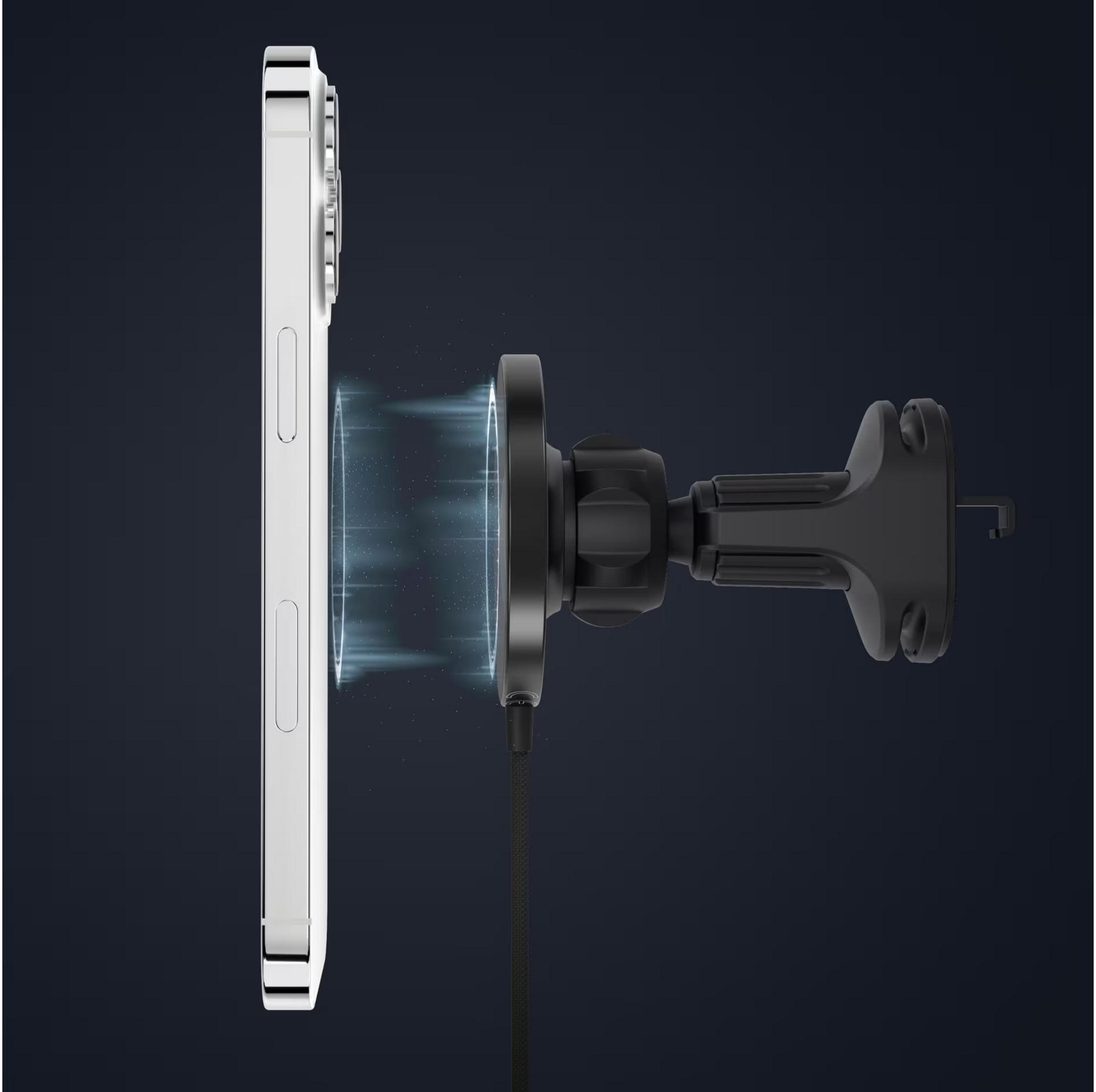 Ein silbernes Smartphone wird von einem schwarzen Magnet-Autohalter mit Kabel gehalten.