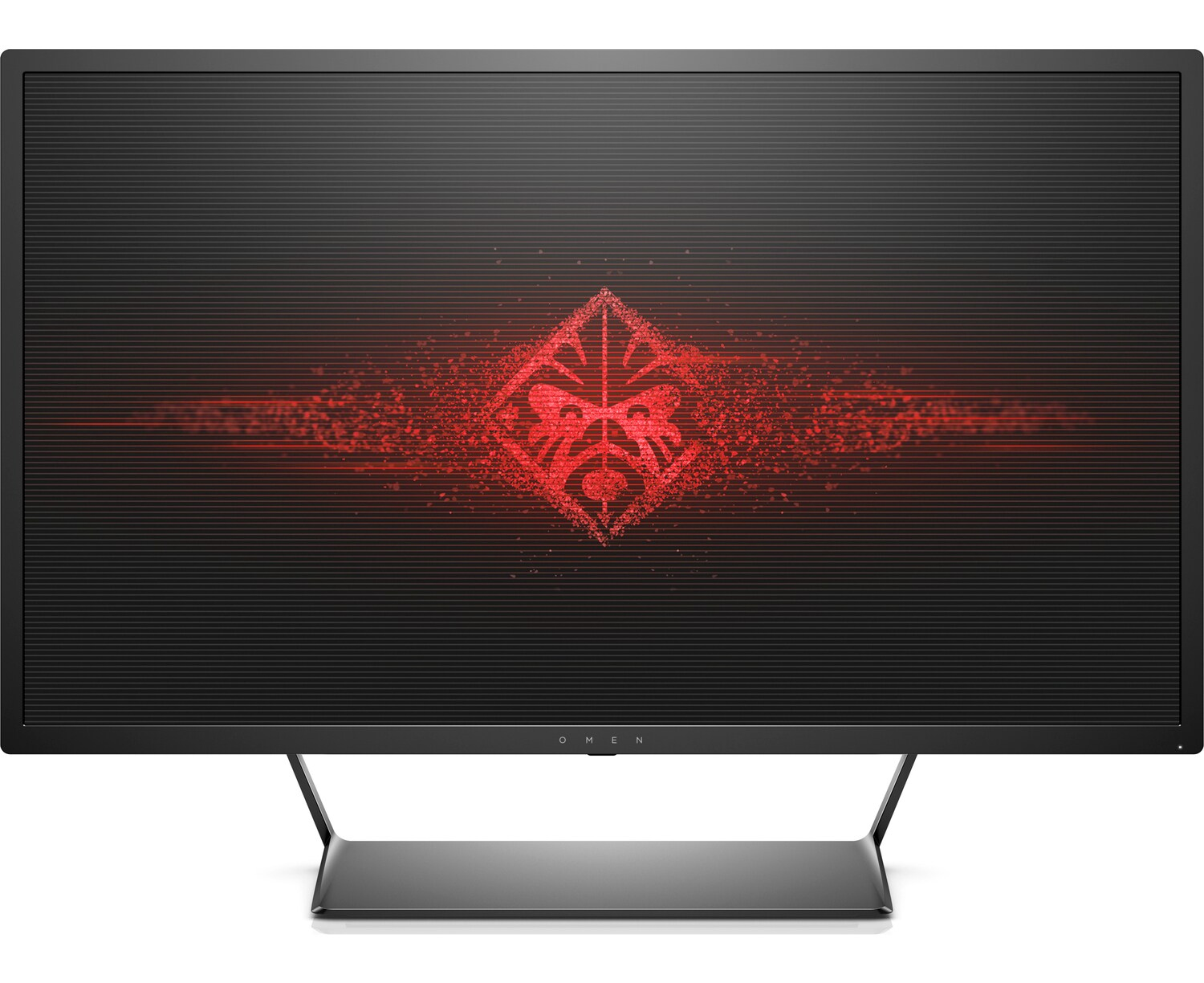 Un monitor negro muestra un logo de Omen rojo y desintegrándose con líneas.