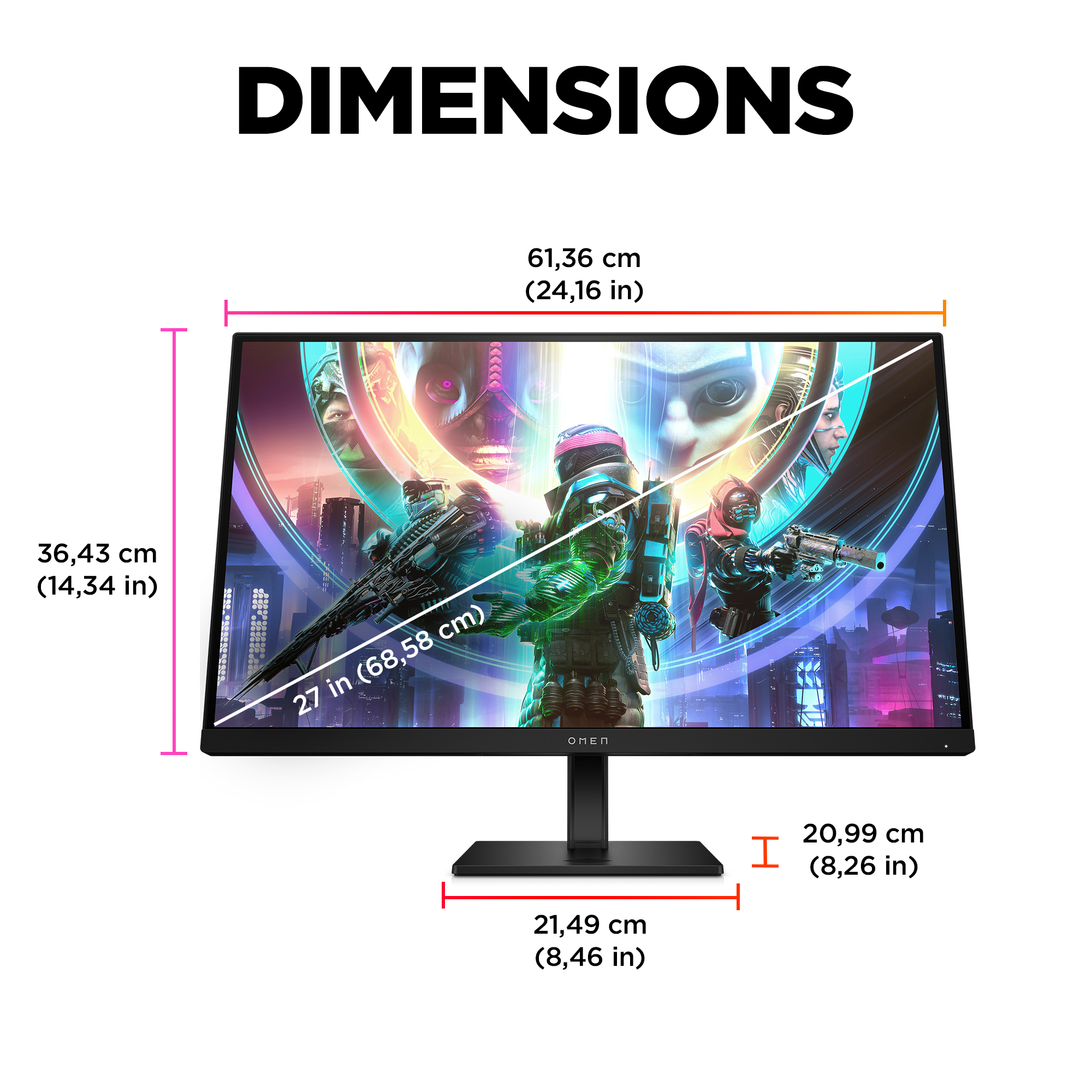 Un monitor con escena de juego y dimensiones indicadas.