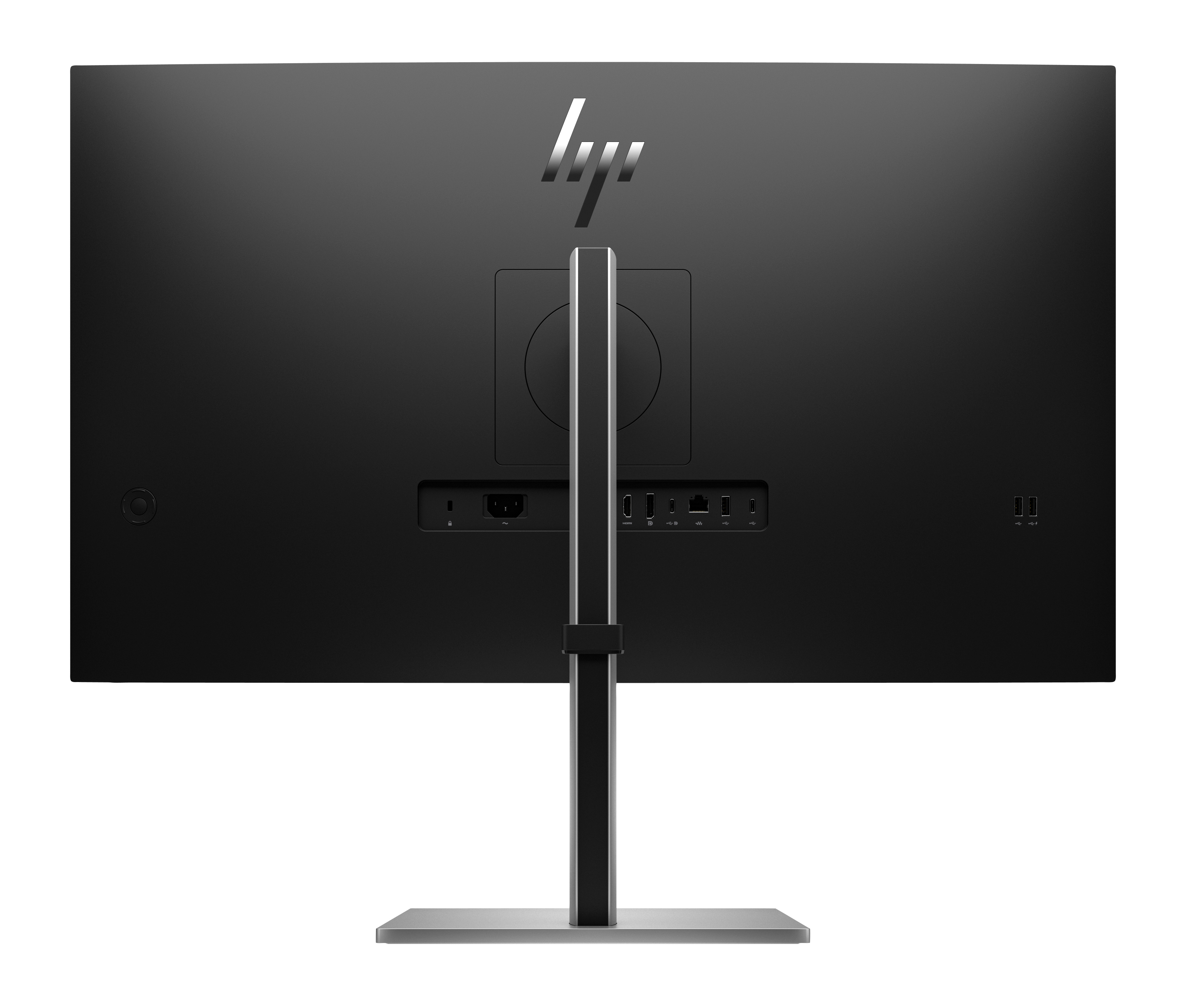 Retro di un monitor HP nero con supporto argento e porte.