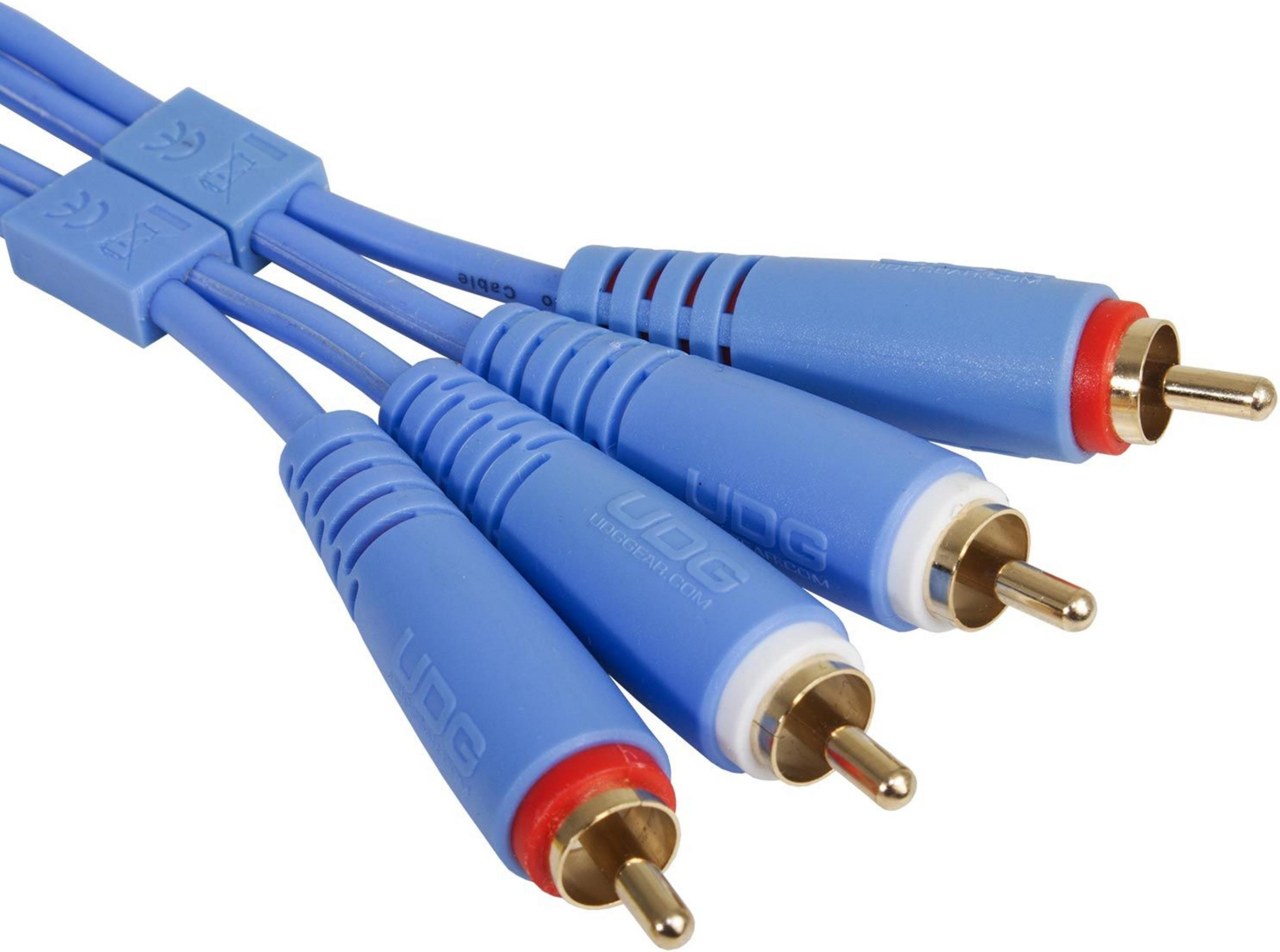 Blaue RCA-Kabel mit vergoldeten Steckern und roter Markierung.